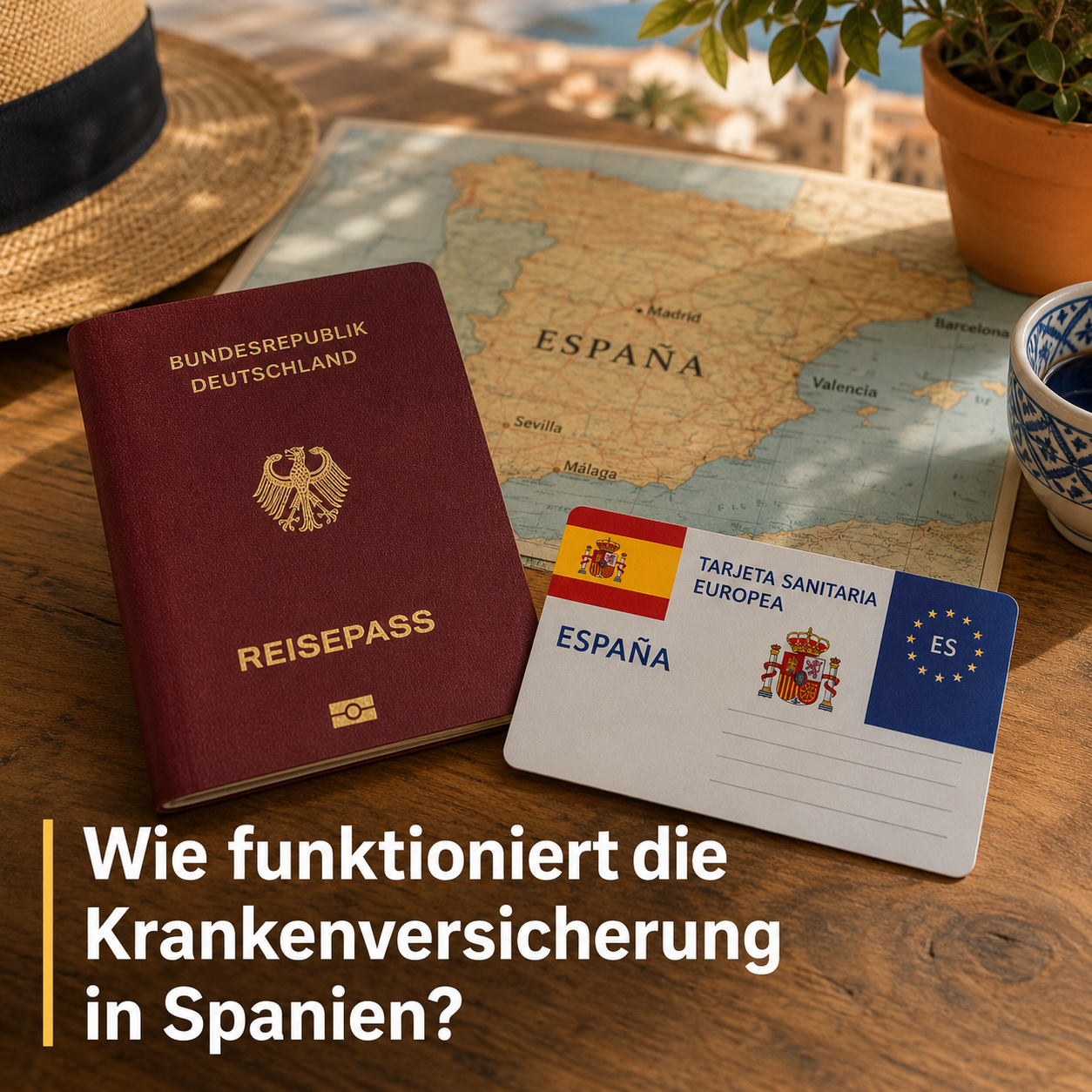 () editorial illustration showing a German passport and a Spanish health insurance card side by side on a wooden desk, with