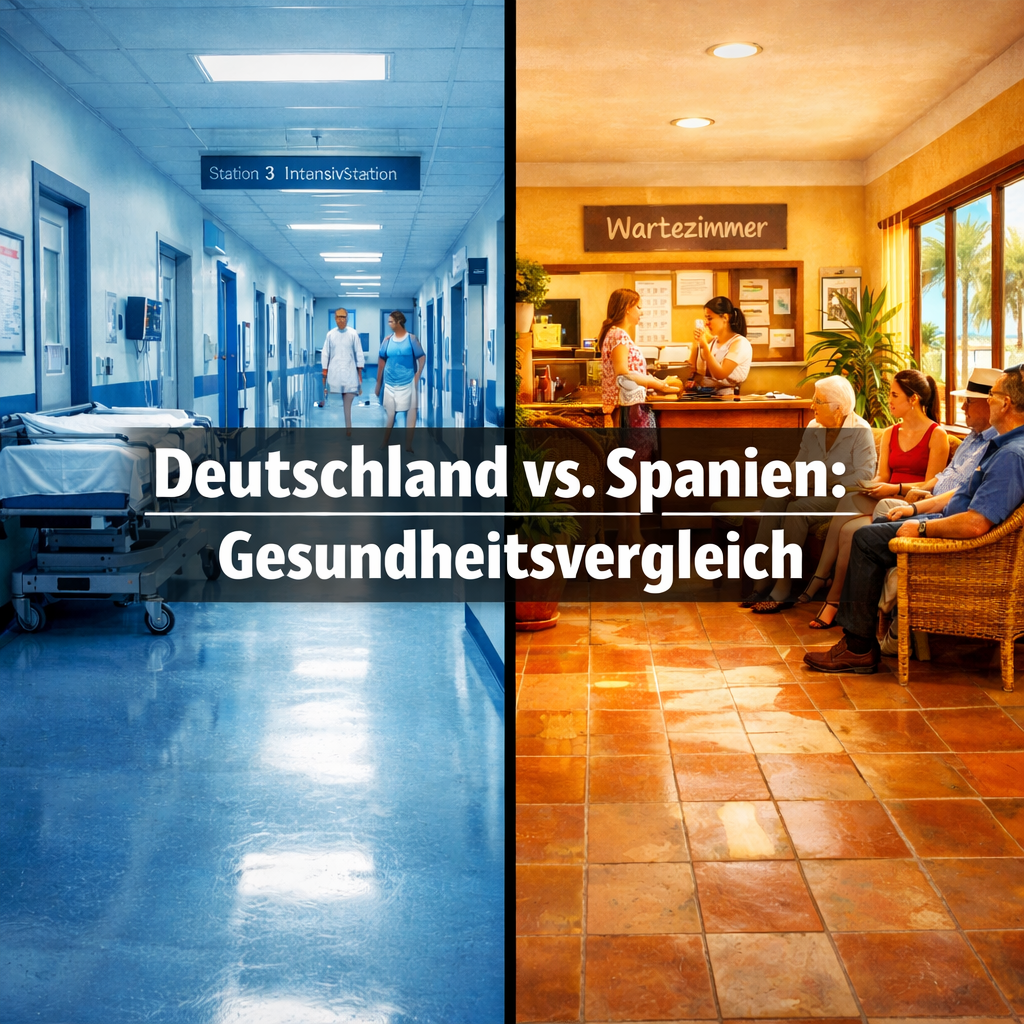 () split-screen composition: left side shows a modern German hospital corridor (cool blue tones), right side shows a sunny