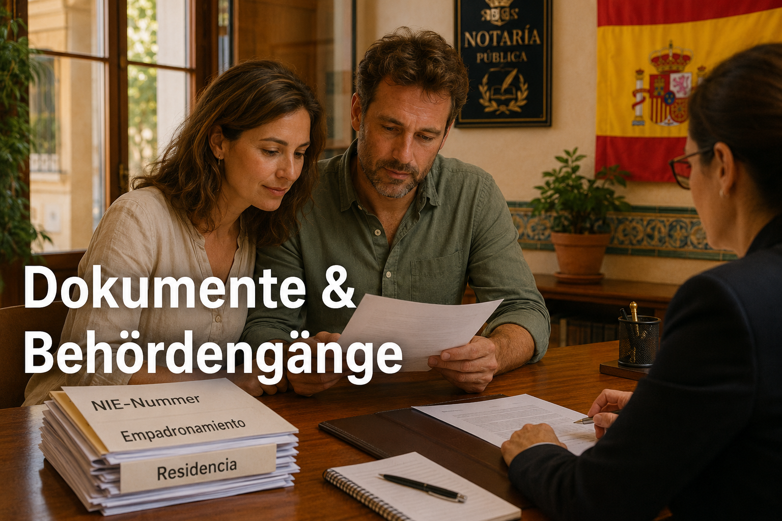 () editorial illustration showing a German couple reviewing official documents at a Spanish notary office, Spanish flag