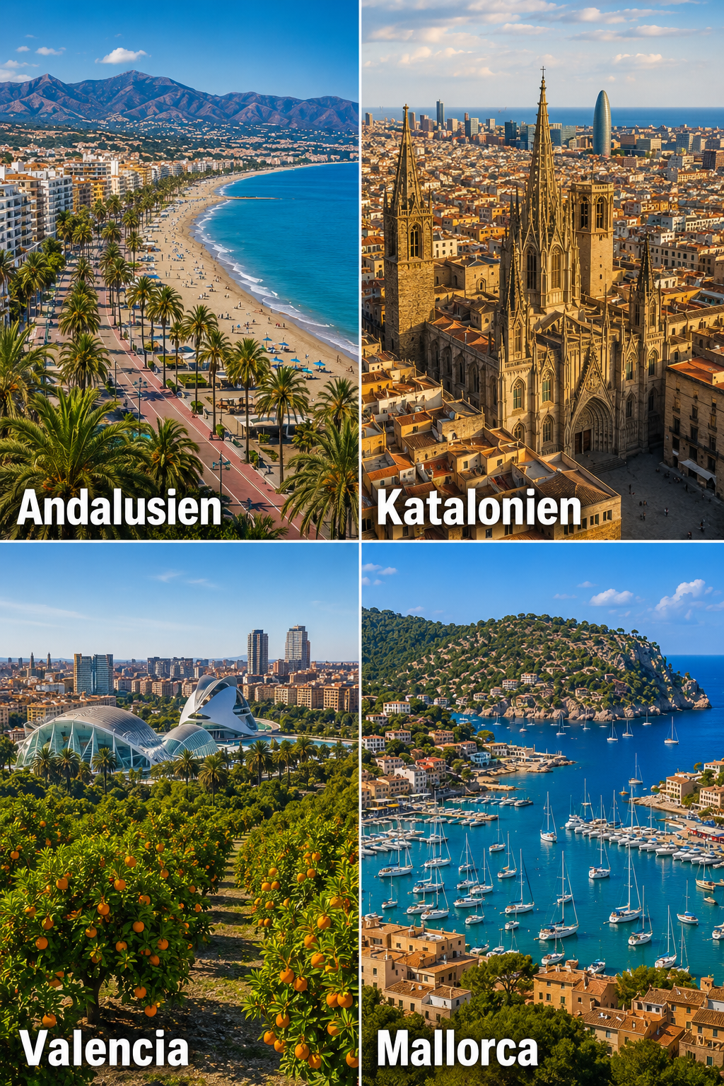 () aerial photograph of four distinct Spanish regions: top-left Costa del Sol with beach promenade, top-right Barcelona