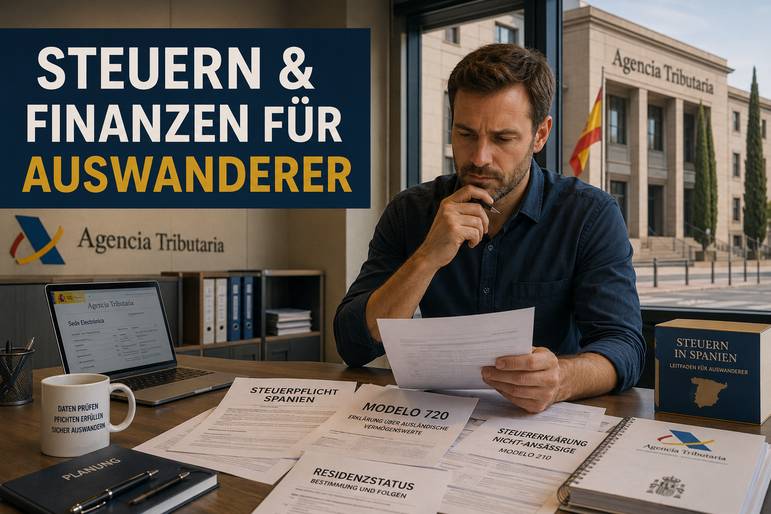 () editorial scene showing a German expat at a Spanish tax office 'Agencia Tributaria', desk covered with tax forms labeled