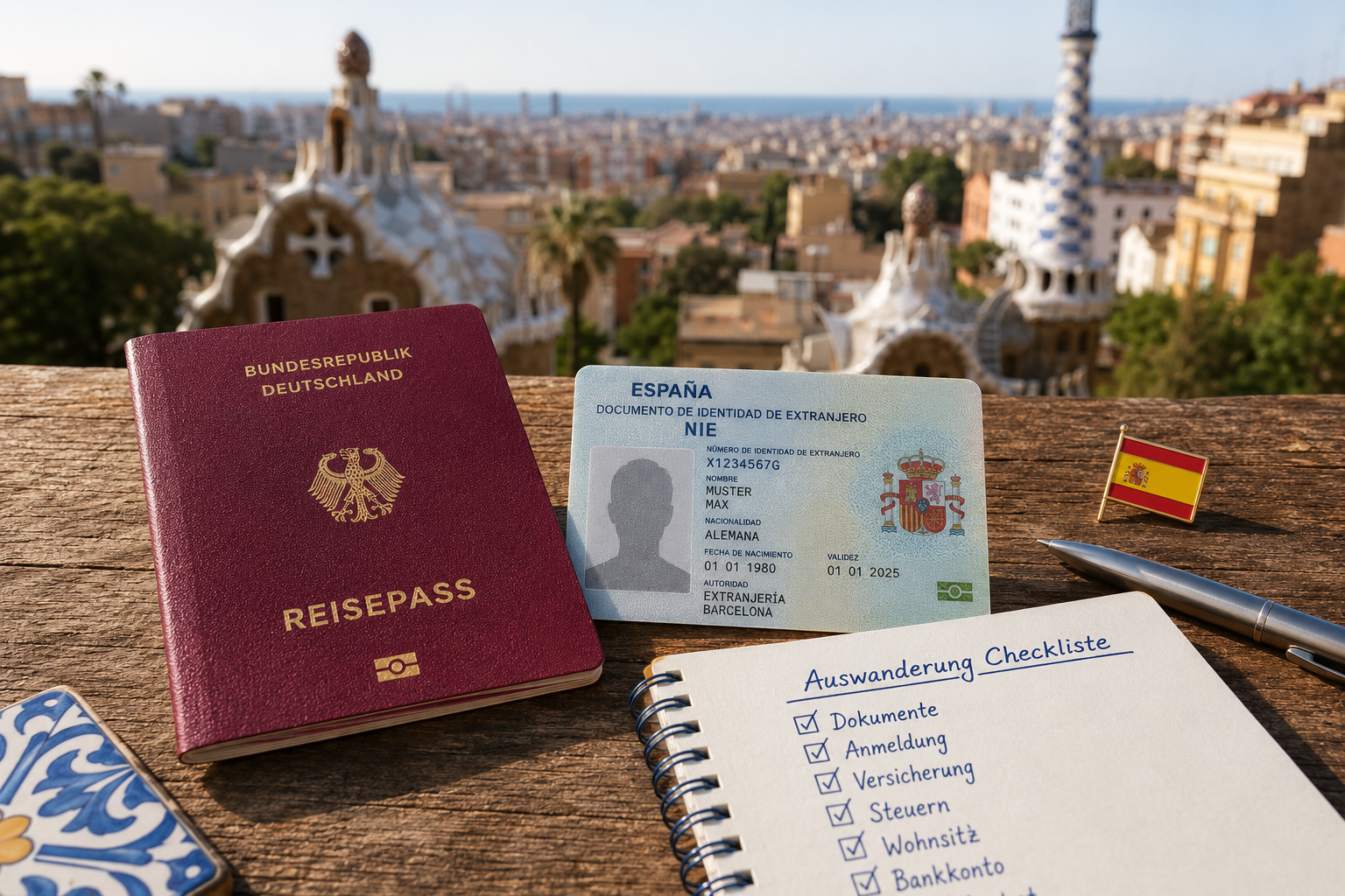 () editorial illustration showing a German passport and Spanish NIE document side by side on a rustic wooden table, with a