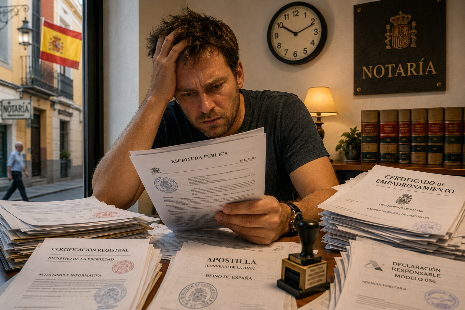 () dramatic close-up of a stressed German expat sitting at a Spanish notary office desk surrounded by stacks of official