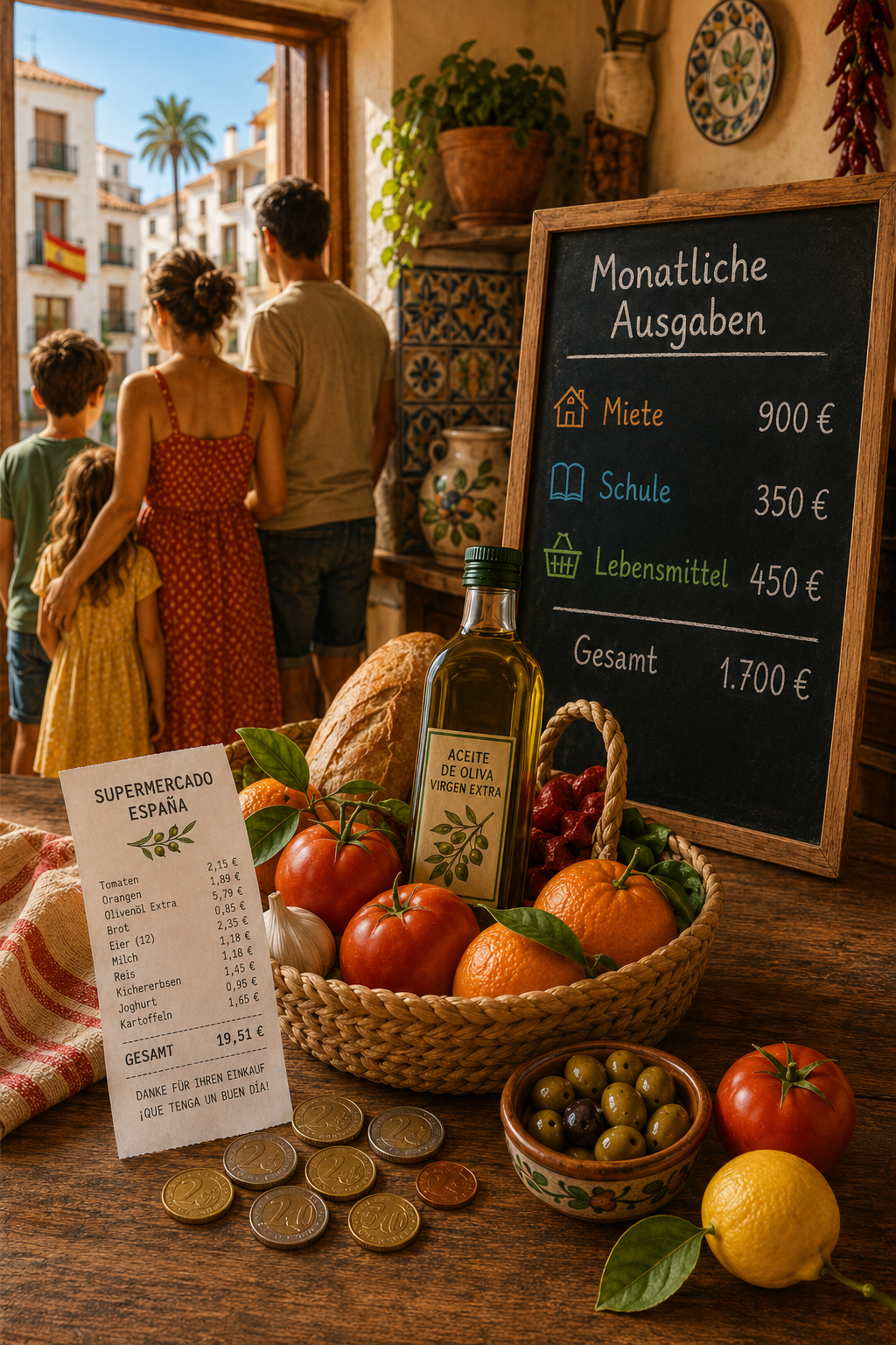 () infographic-style editorial image showing a Spanish supermarket receipt and euro coins beside a family grocery basket,