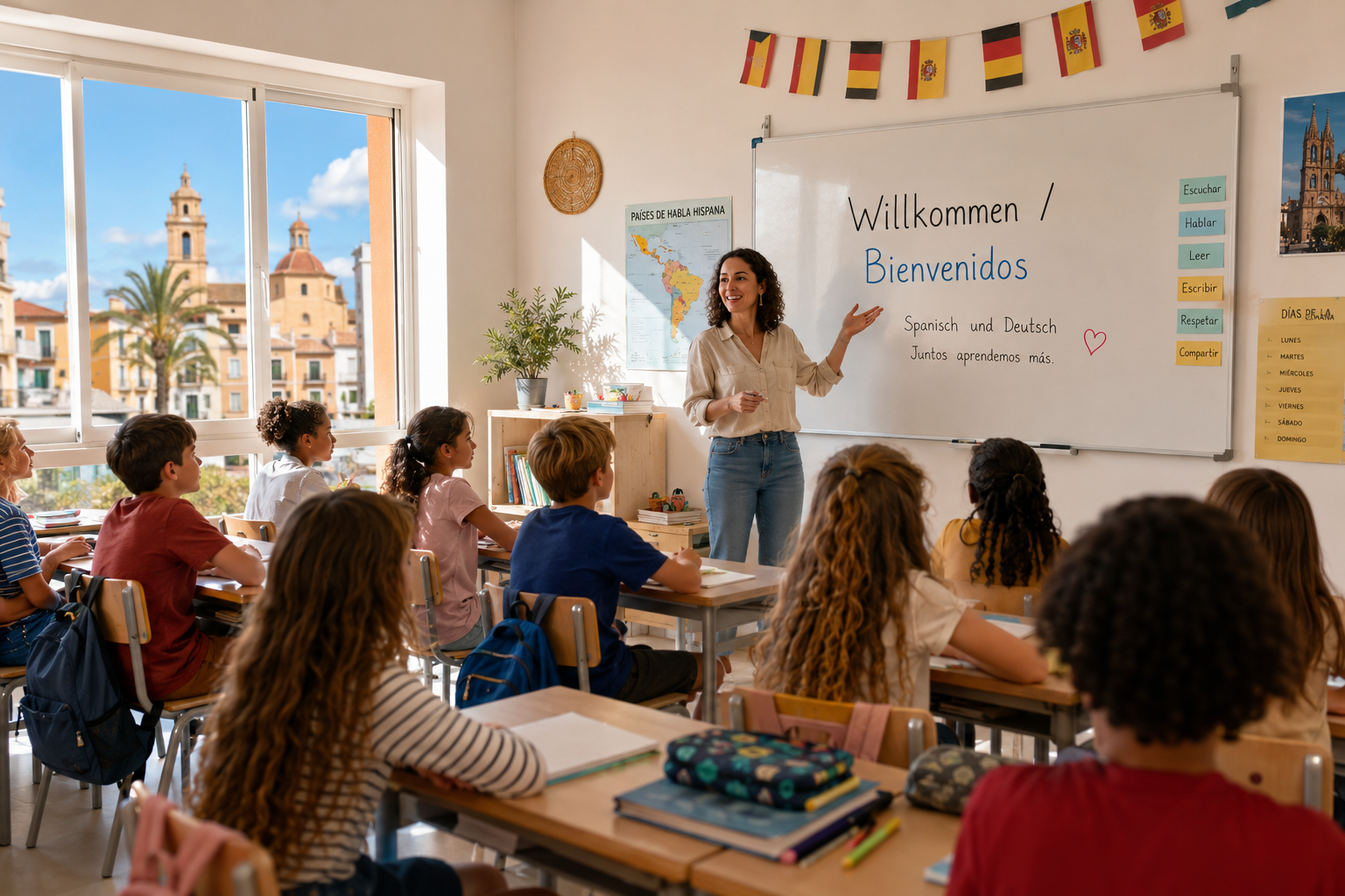 () wide-angle shot of a modern Spanish classroom with international children seated at desks, a bilingual Spanish-German