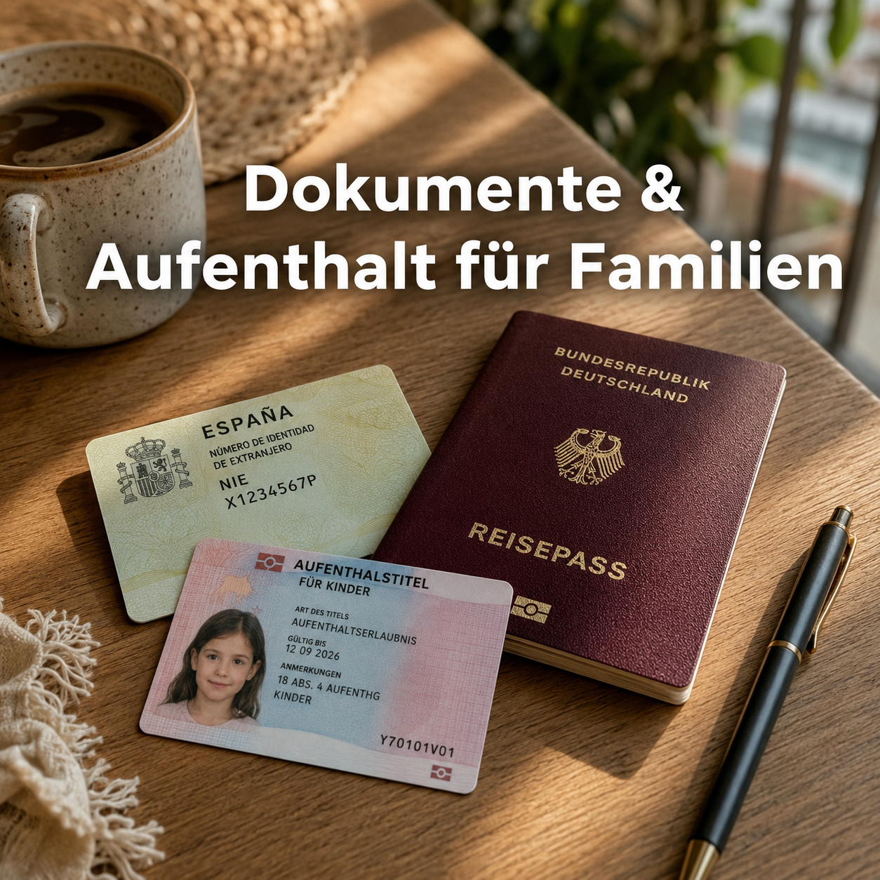 () close-up editorial photo of a Spanish NIE document, a German passport, and a children's residence permit spread on a