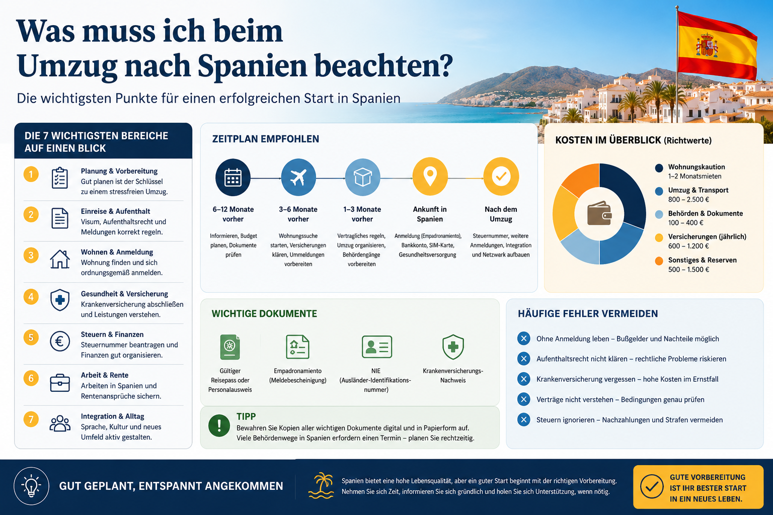 Professional infographic for article "Von Deutschland nach Spanien auswandern: Der vollständige Ratgeber 2026", section: