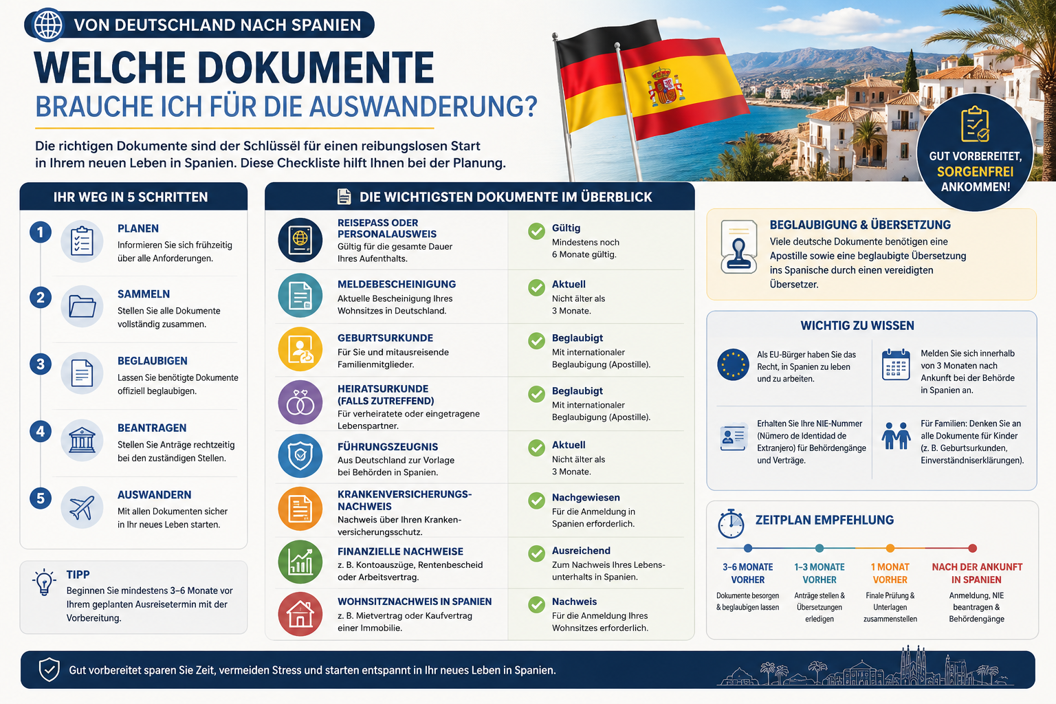 Professional infographic for article "Von Deutschland nach Spanien auswandern: Der vollständige Ratgeber 2026", section: