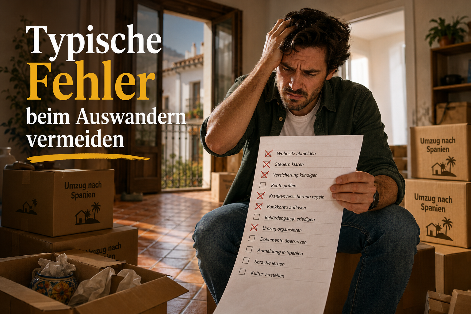 () editorial image showing a frustrated person surrounded by moving boxes labeled 'Umzug nach Spanien', looking at a long