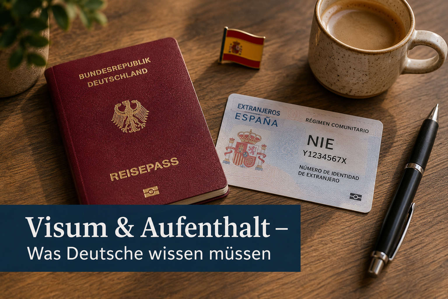 () editorial image showing a German passport and Spanish NIE residency document side by side on a wooden desk, with a pen,