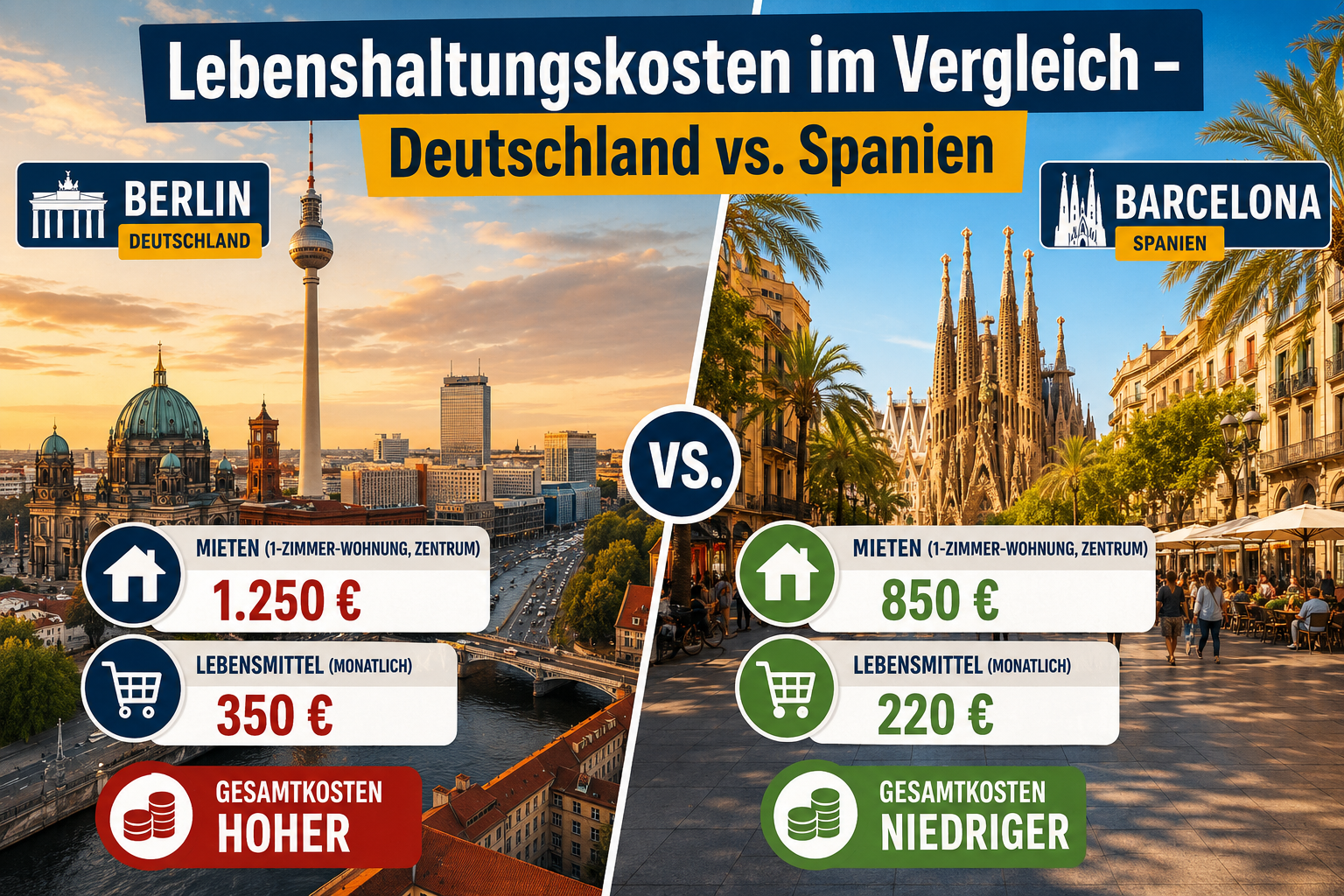 () split-composition infographic image: left side shows Berlin city skyline with euro price tags for rent and groceries,