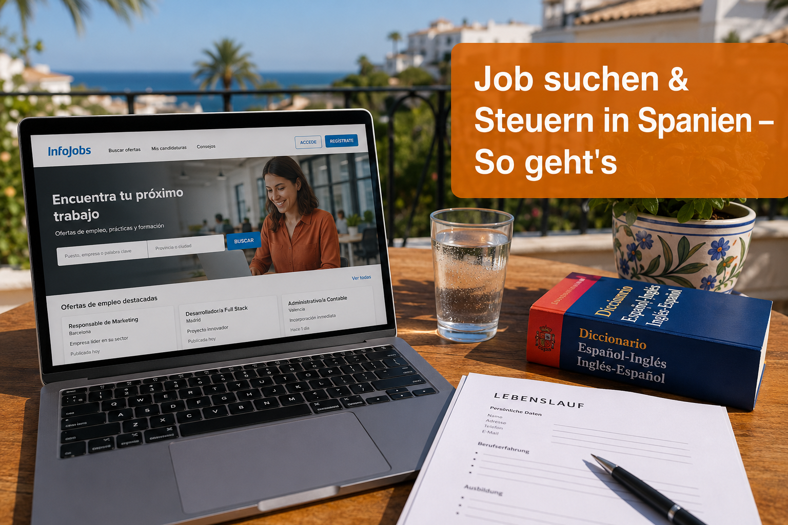() close-up of a laptop showing a Spanish job portal website, with a German CV document beside it, a Spanish-English