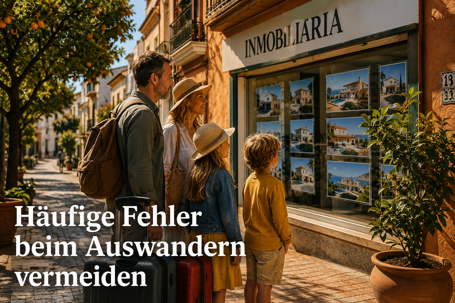 () image of a German family standing in front of a Spanish estate agent office ('Inmobiliaria'), looking at property