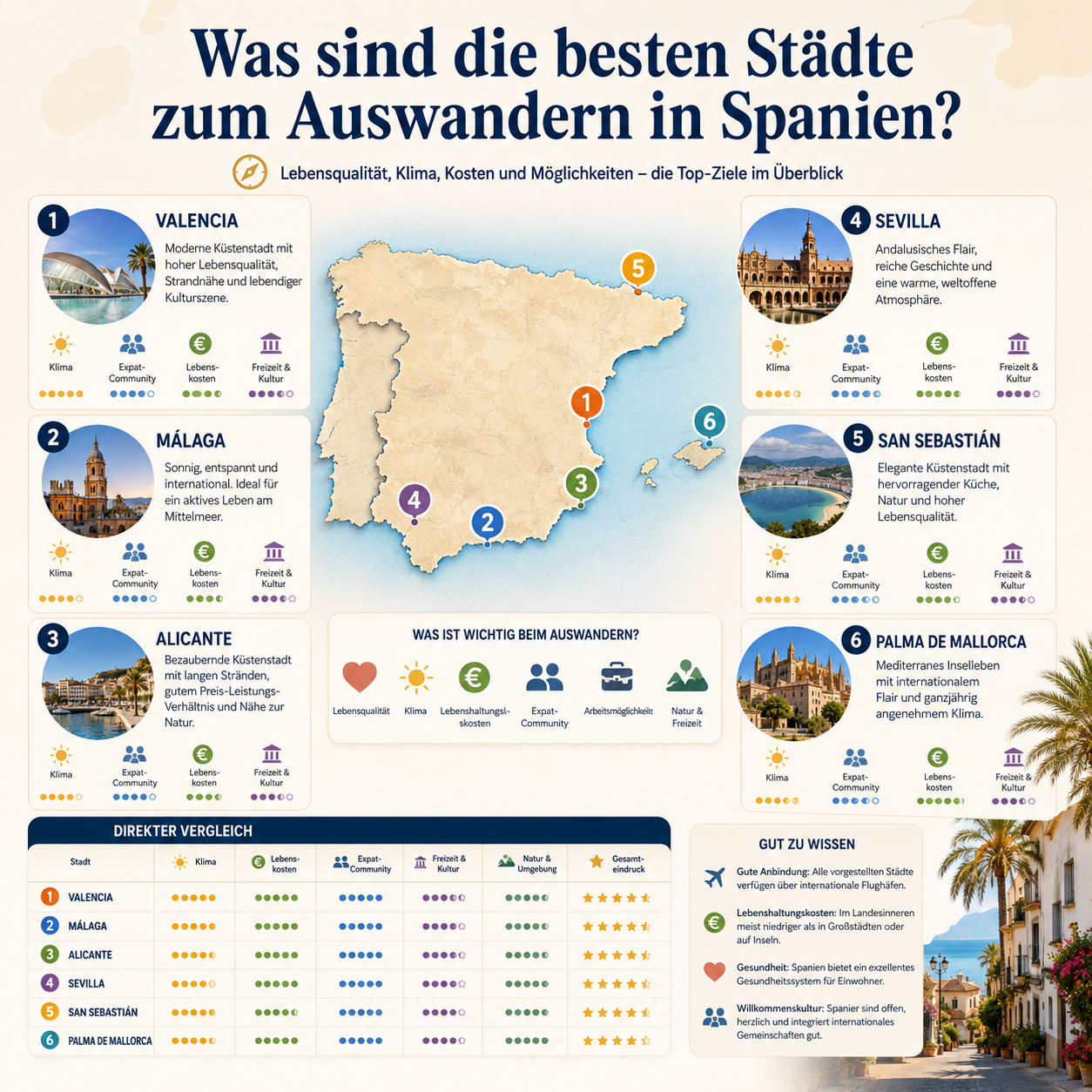 Professional infographic for article "Spanien Auswandern – Aber Wohin? Die besten Regionen und Städte im Überblick",