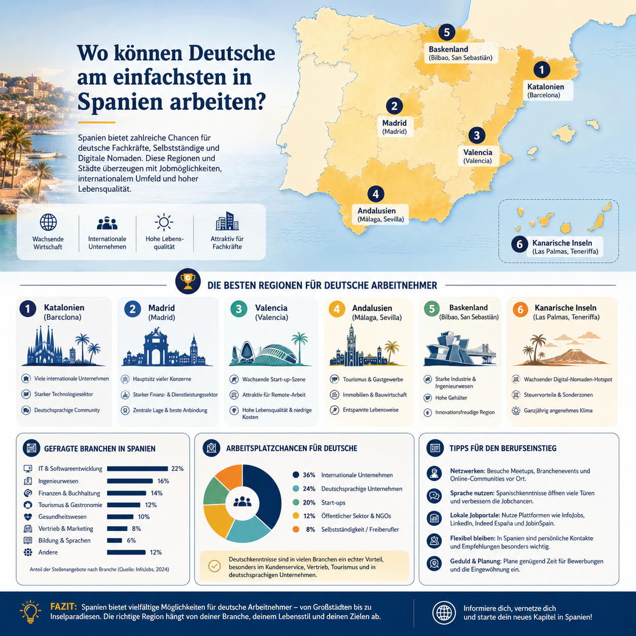 Professional infographic for article "Spanien Auswandern – Aber Wohin? Die besten Regionen und Städte im Überblick",