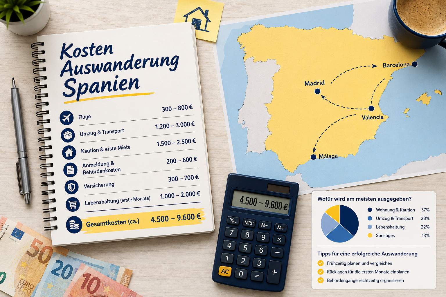 Querformat () Infografik-Stil: Draufsicht auf einen Schreibtisch mit Taschenrechner, Euro-Scheinen, einem Notizbuch mit