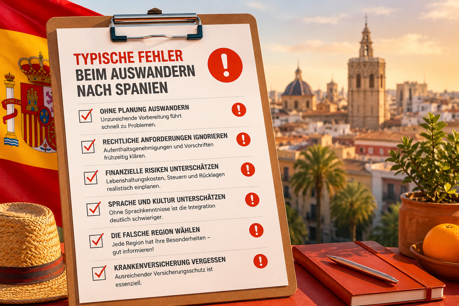 Querformat () Konzeptbild: Checkliste auf Klemmbrett mit Aufschrift 'Typische Fehler beim Auswandern nach Spanien' mit roten