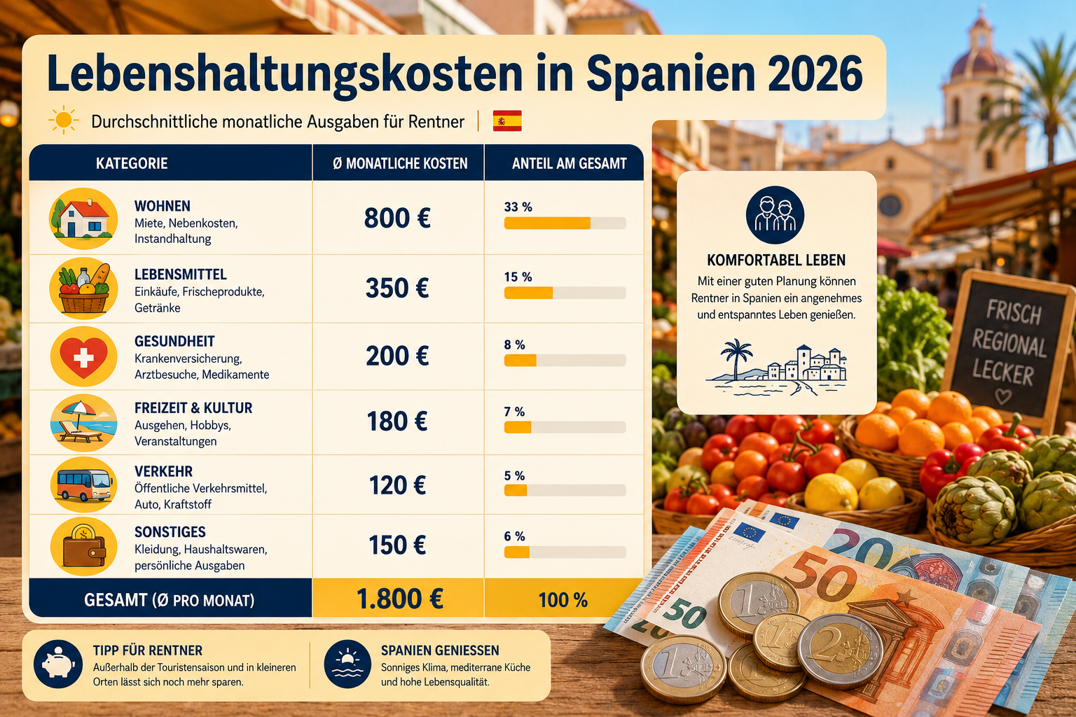 Querformat () Infografik-Stil: Übersichtliche Kostentabelle für das Leben in Spanien als Rentner, mit Icons für Miete,