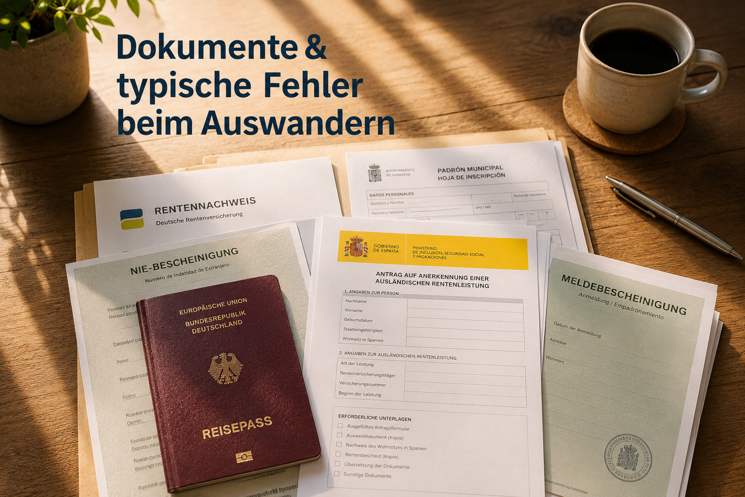 Querformat () zeigt einen Stapel wichtiger Dokumente auf einem Holztisch: Reisepass, NIE-Bescheinigung, Rentennachweis,