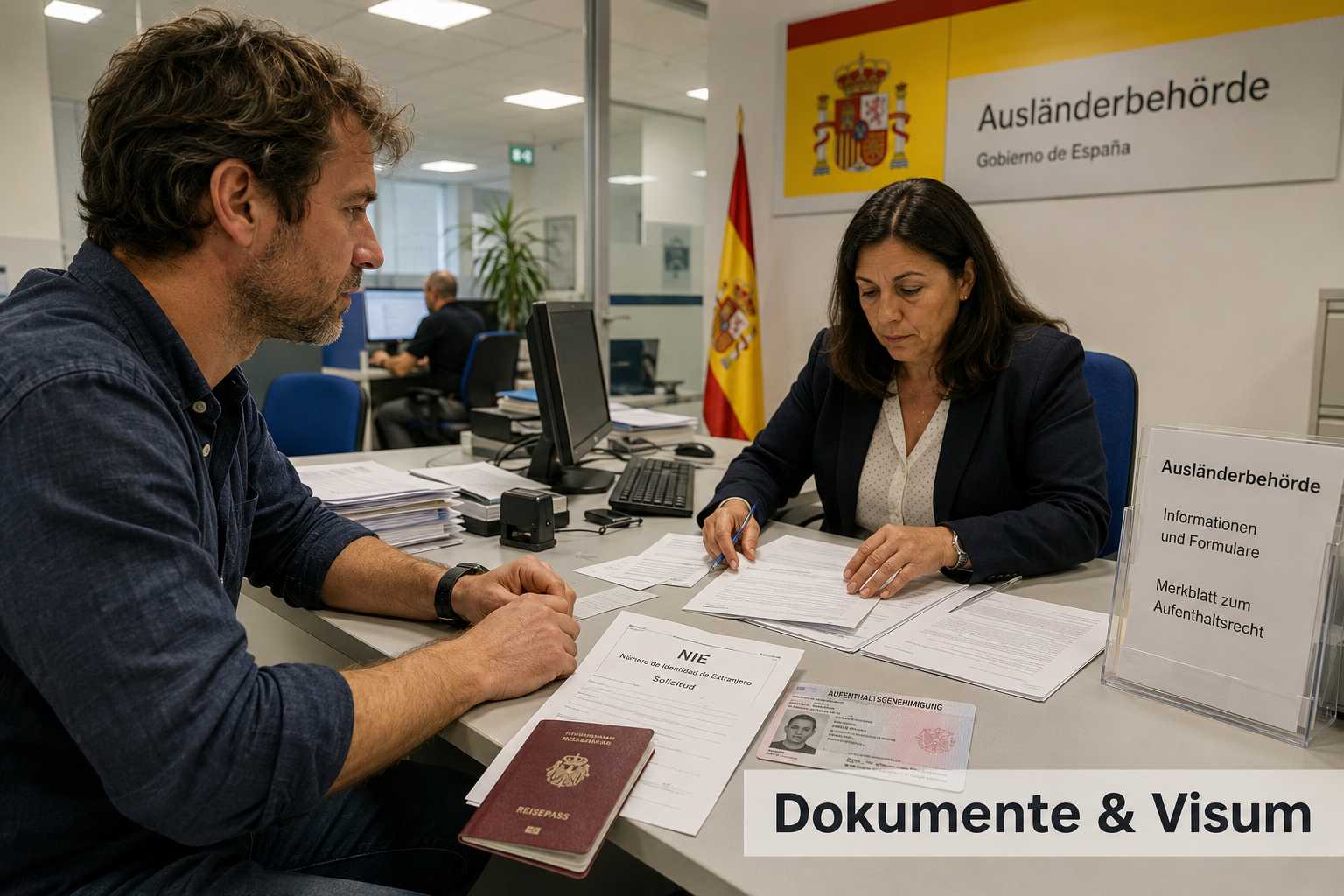 () realistic editorial photo of a German expat at a Spanish government office 'Ausländerbehörde' desk, paperwork spread out