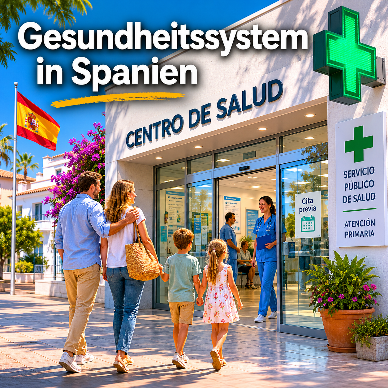 () editorial concept image showing a Spanish hospital exterior labeled 'Centro de Salud' with a German expat family