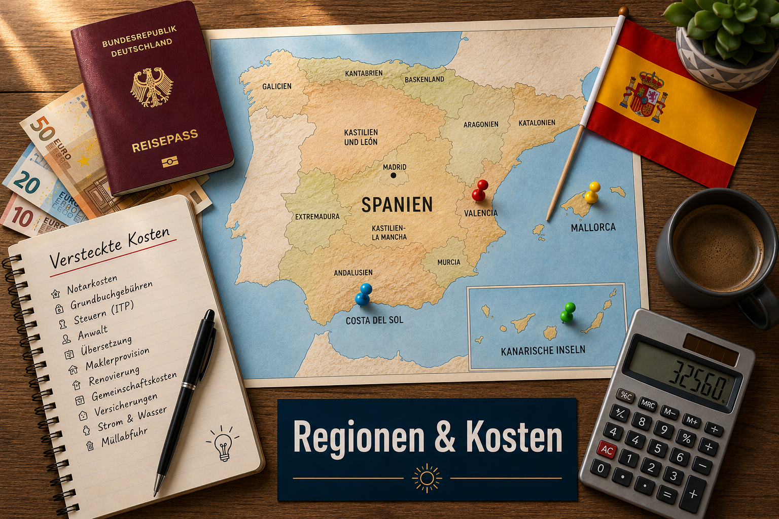 () editorial overhead flat-lay showing a wooden desk with a Spanish map highlighting regions like Costa del Sol, Valencia,