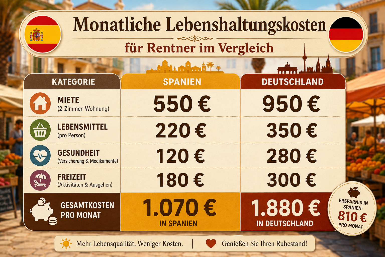 Querformat () Infografik-Stil: Vergleichstabelle der monatlichen Lebenshaltungskosten in Spanien vs. Deutschland für