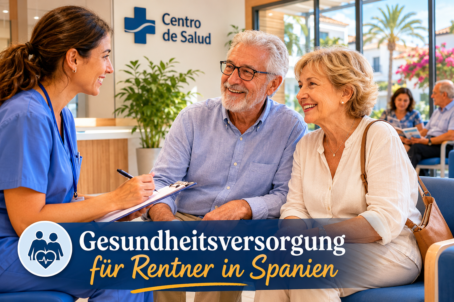 Querformat () redaktionelles Foto: Älteres deutsches Rentnerpaar in einem hellen modernen spanischen Arztpraxiswarteraum,
