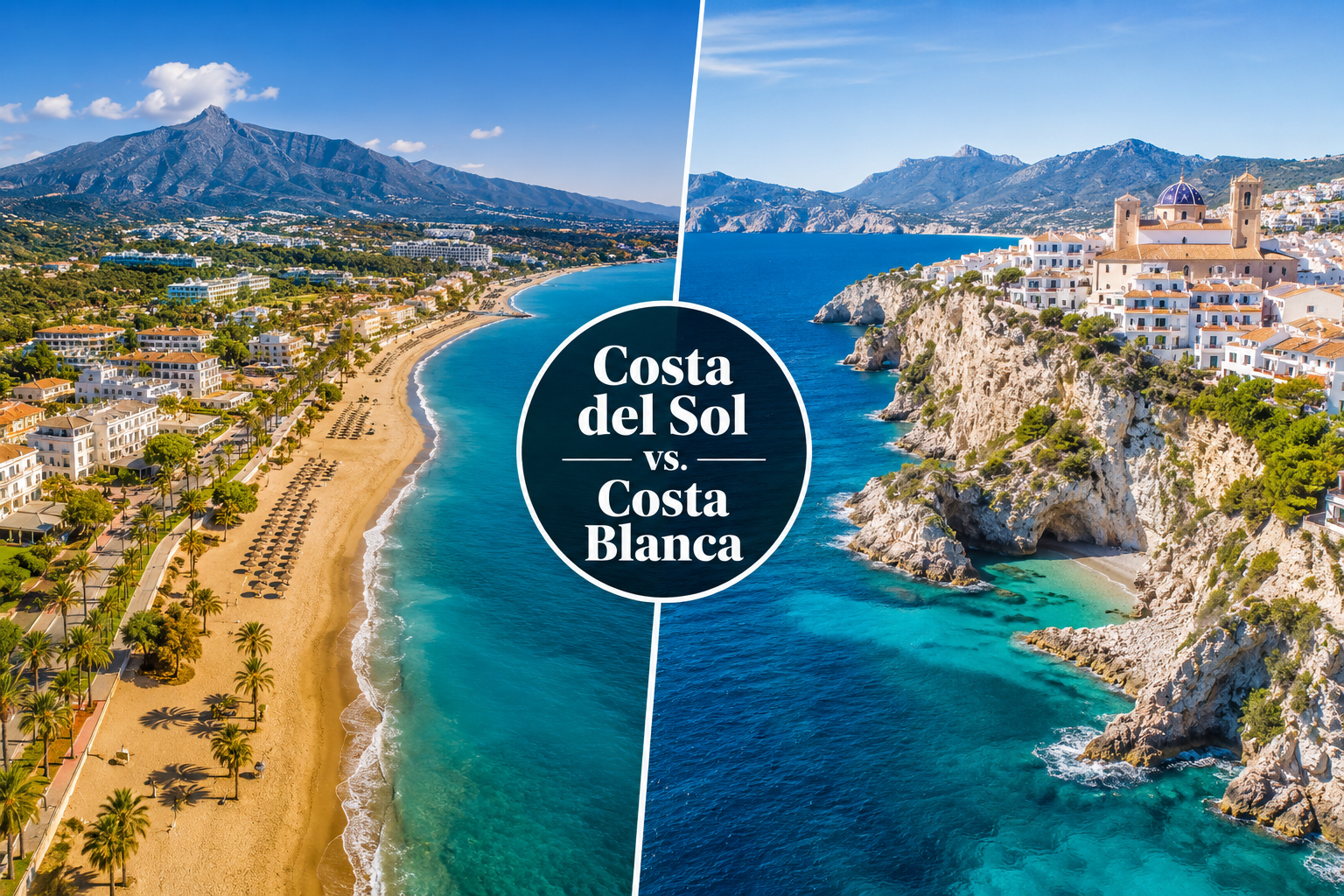 Querformat () Luftaufnahme-Drohnenbild: Geteiltes Bild, linke Hälfte zeigt die goldene Küste der Costa del Sol mit Marbella