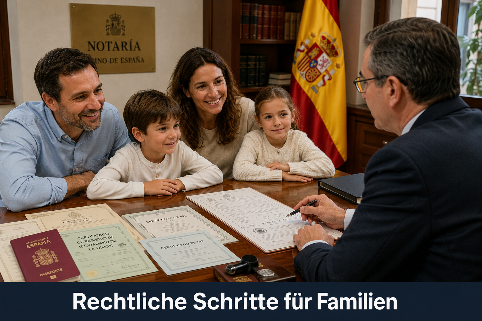 () editorial illustration showing a German family of four at a Spanish notary office, official Spanish residency documents