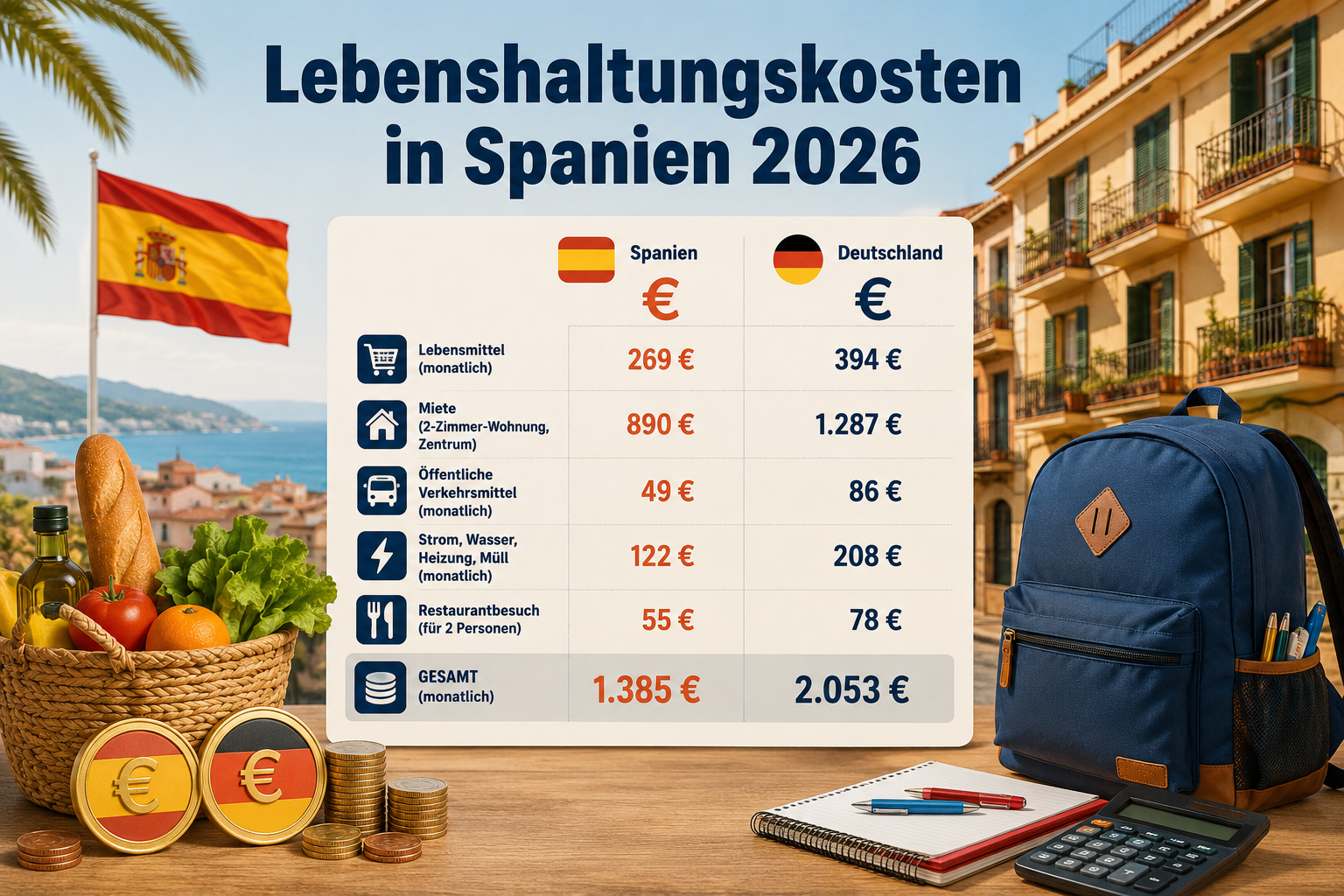 () infographic-style editorial image showing a cost comparison chart with Spanish and German euro symbols, a family grocery