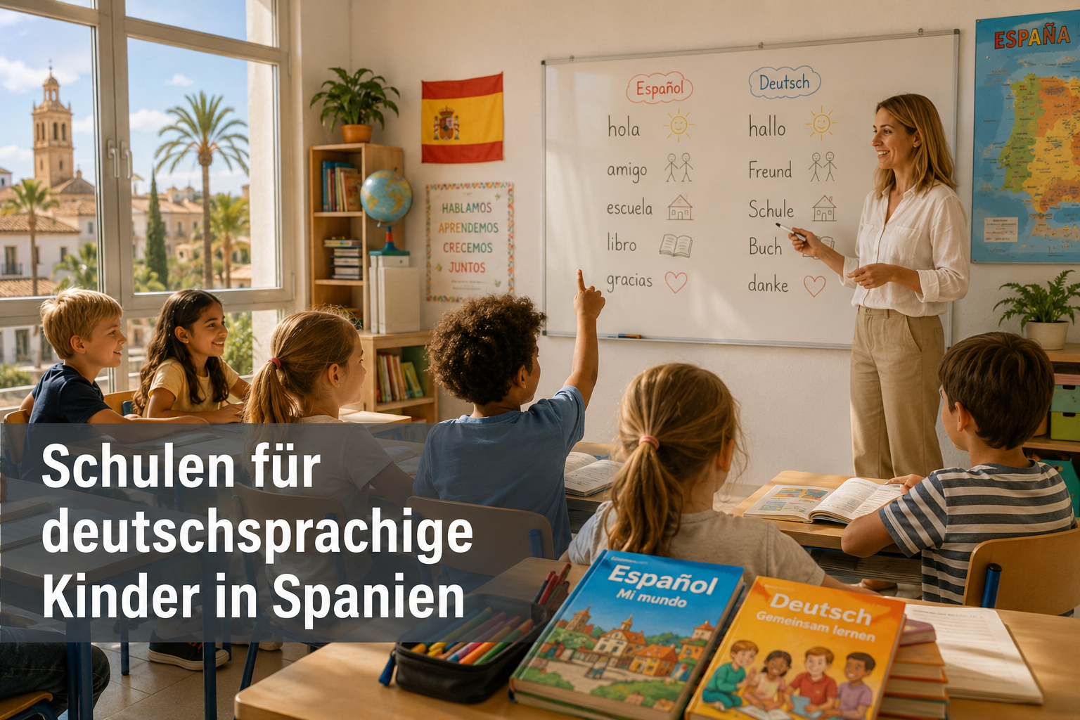() editorial photo of a bright Spanish school classroom with children of mixed nationalities, a German-speaking teacher at a