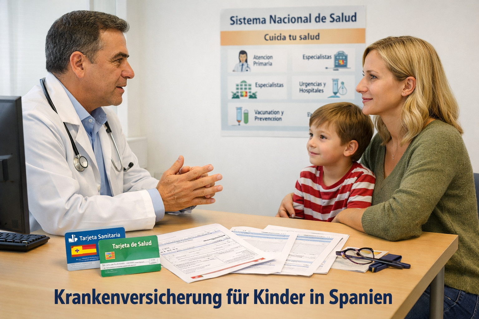 () editorial image of a Spanish family doctor consulting with a German mother and her young child in a modern clinic, health