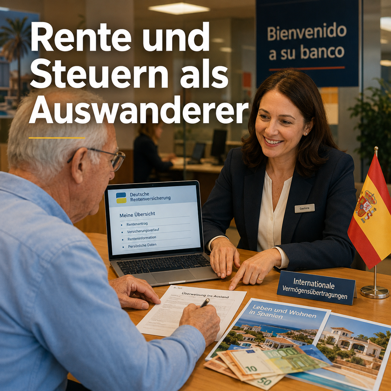 () editorial image of a German retiree at a Spanish bank counter transferring pension funds, laptop showing German pension