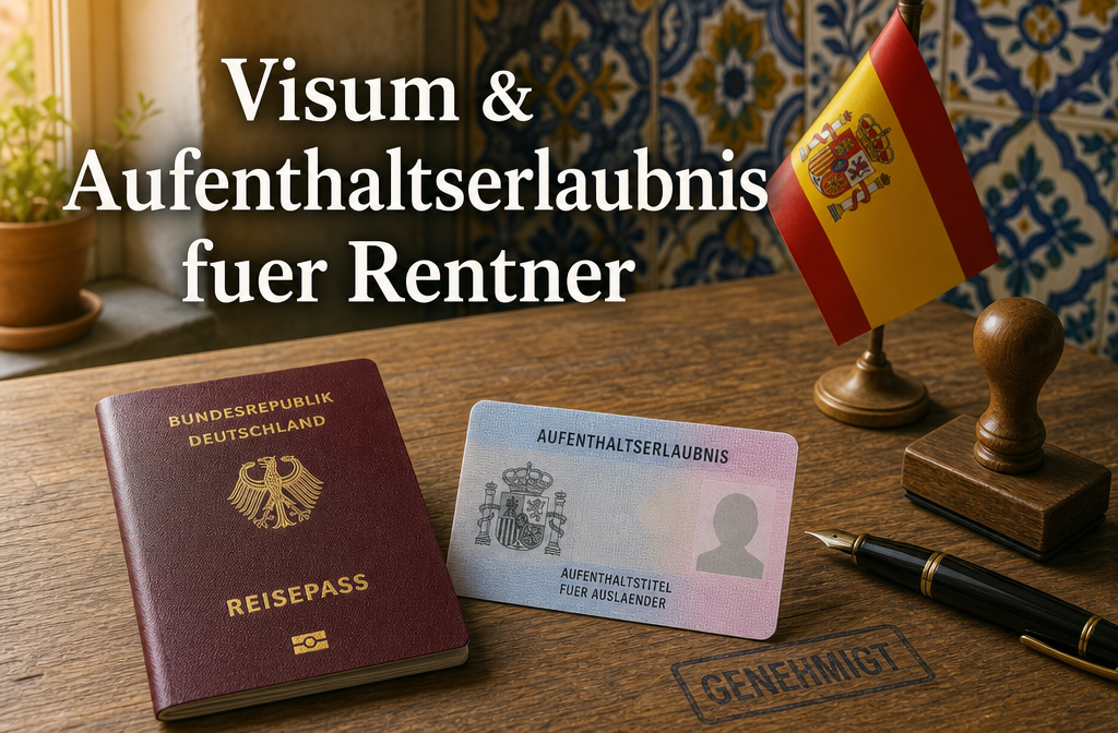 () editorial illustration showing a German passport and Spanish residency document side by side on a wooden desk, with a
