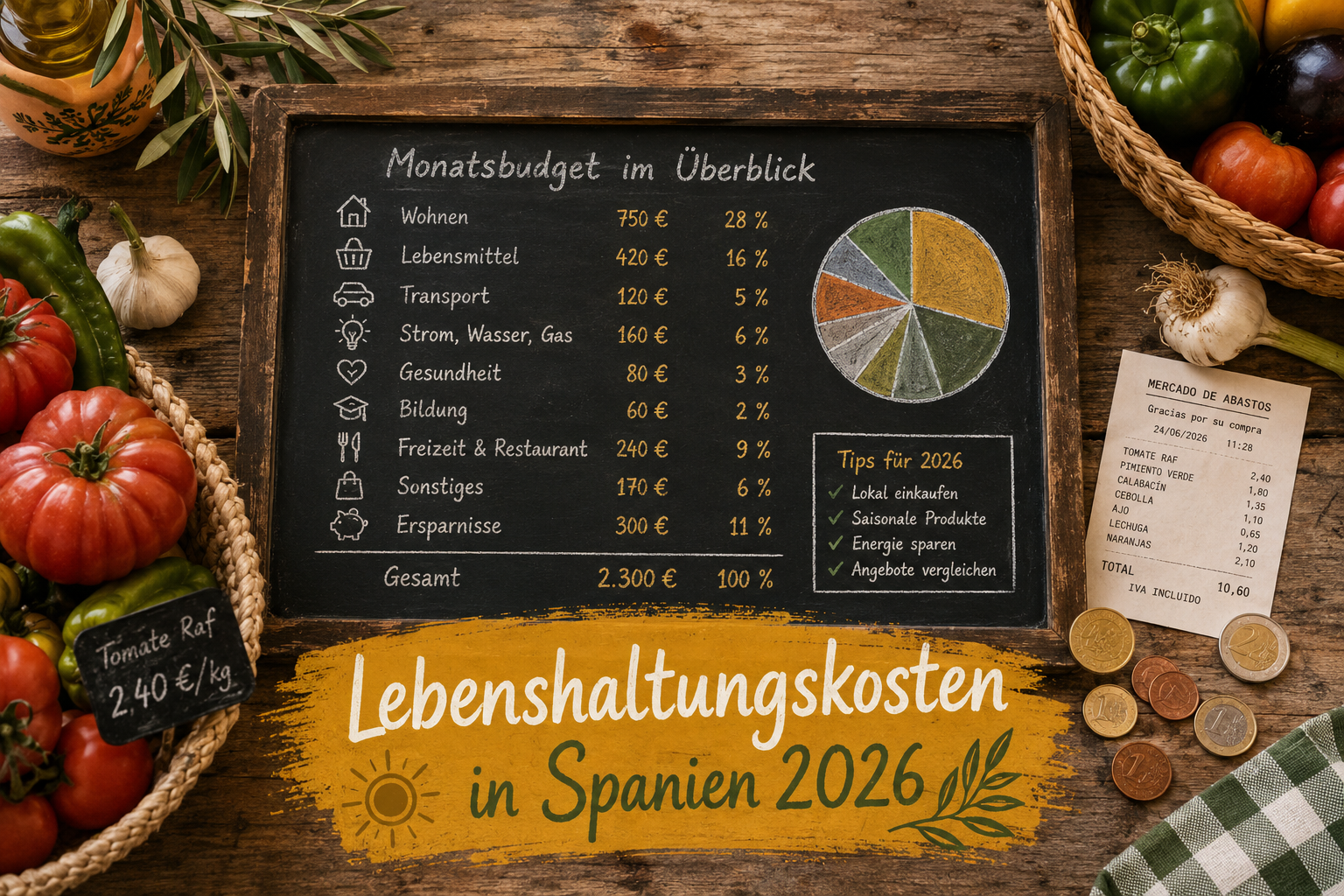 () editorial image showing a detailed monthly budget breakdown displayed on a chalkboard or rustic wooden board, with euro