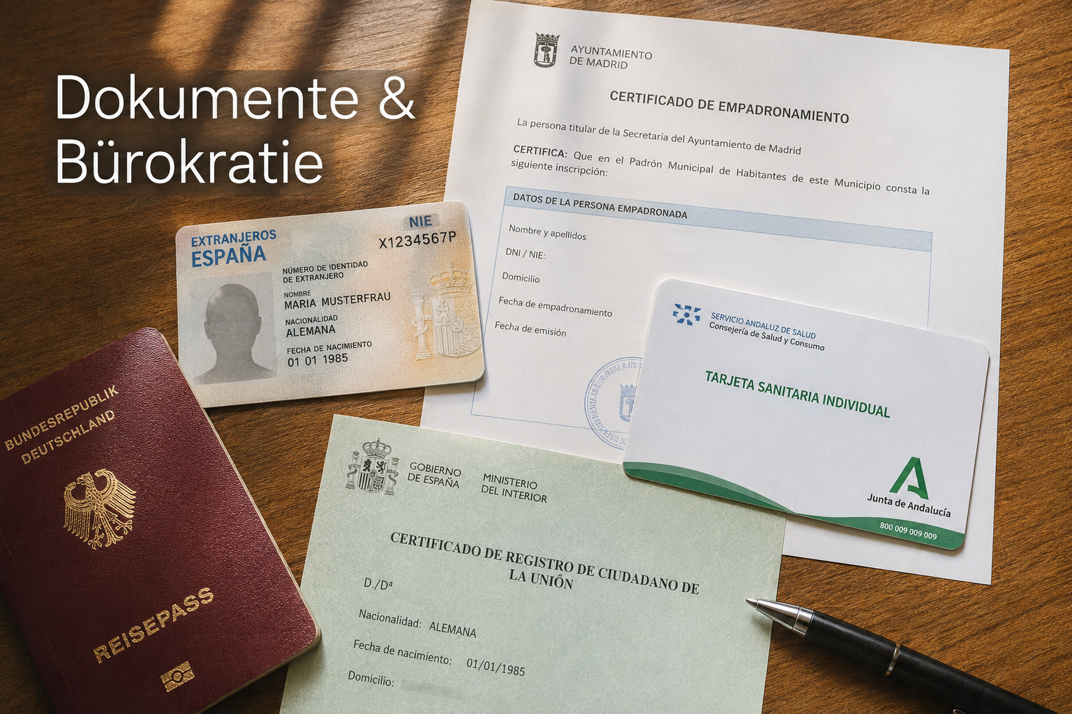 () editorial image showing a close-up overhead flat-lay of essential Spanish bureaucracy documents spread on a wooden desk:
