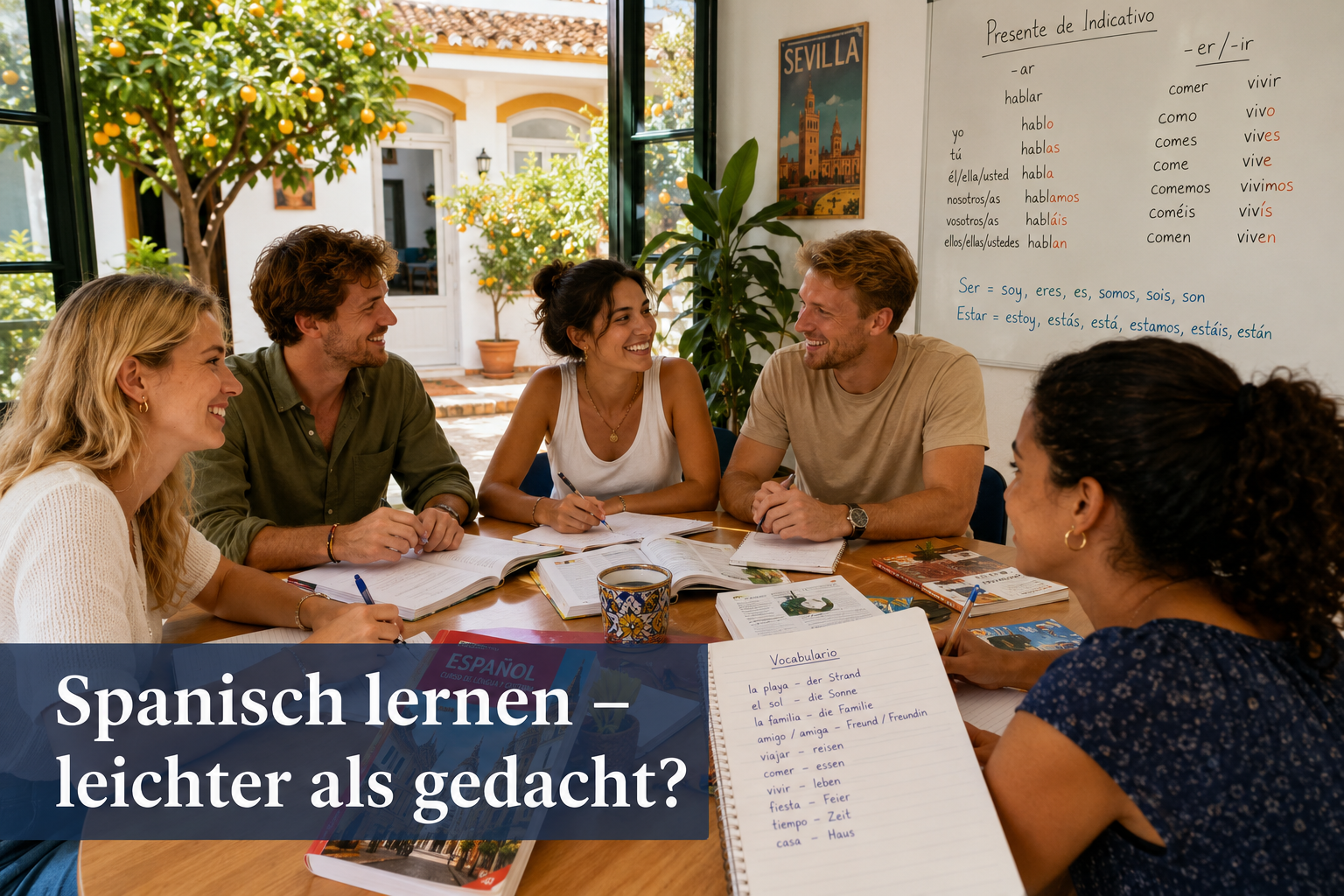 () editorial image depicting a diverse group of German expats at a language school in Spain, sitting around a table with
