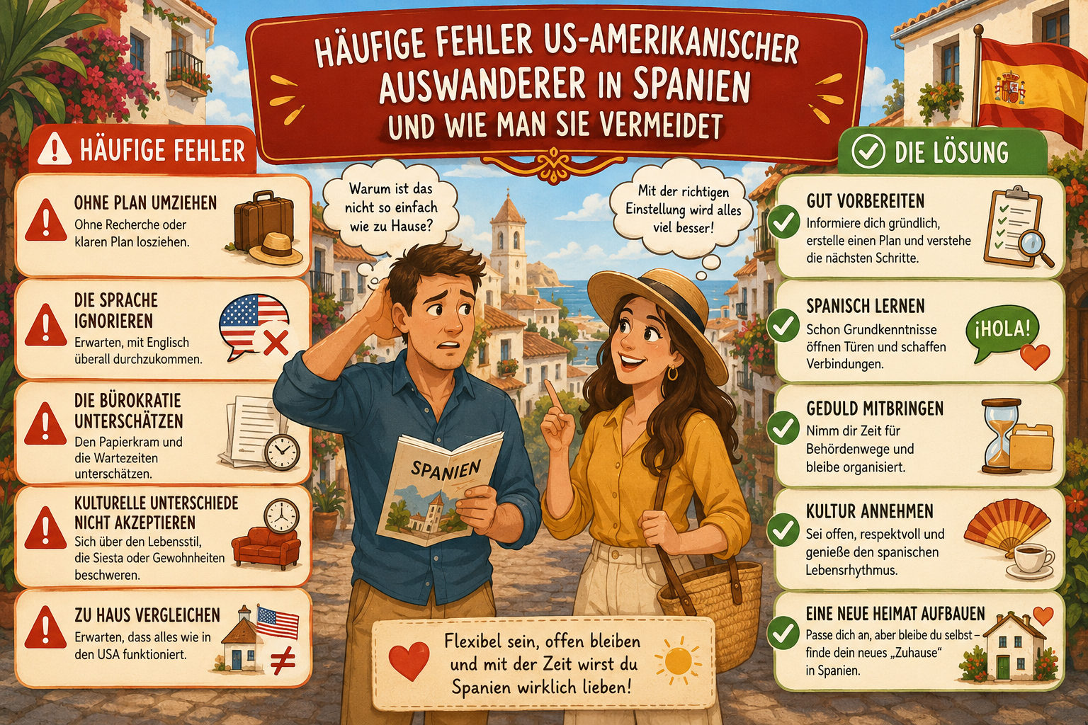 Visual diagram illustrating common mistakes US expats make when moving to Spain, paired with solutions — speech bubbles and