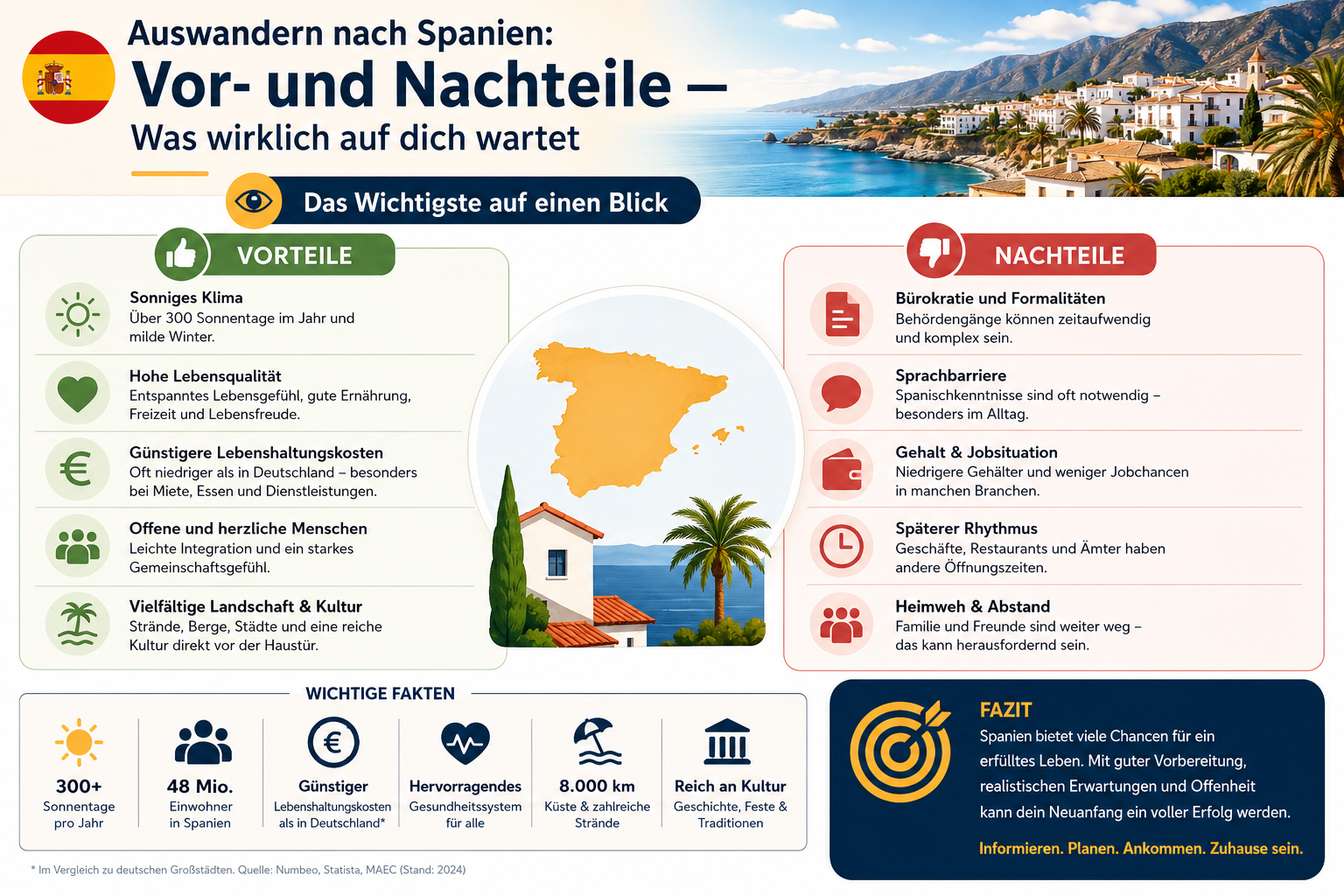 Professional infographic for article "Auswandern nach Spanien: Vor- und Nachteile — Was wirklich auf dich wartet", section: