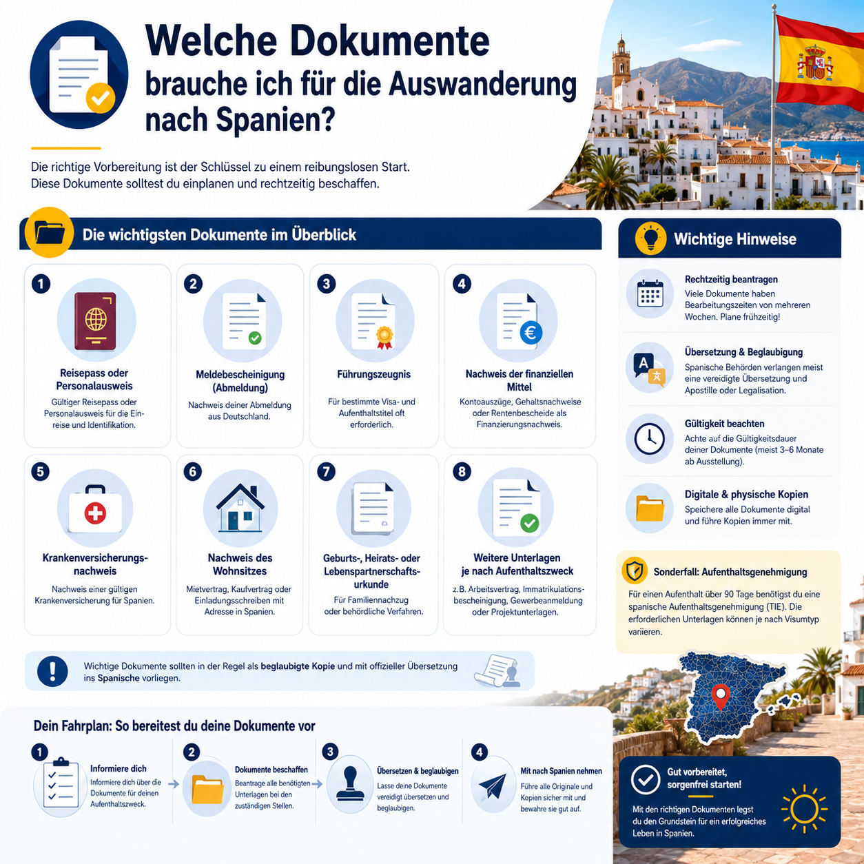 Professional infographic for article "Dein kompletter Leitfaden: Erfolgreich nach Spanien auswandern in 2026", section: