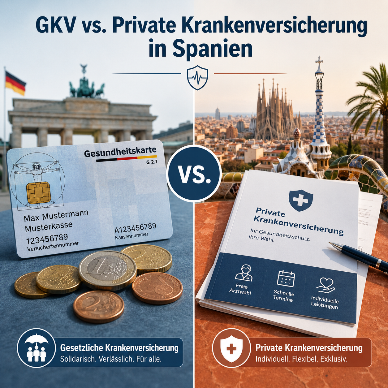 () showing a comparison infographic-style split image: left side shows German public health insurance card (gesetzliche