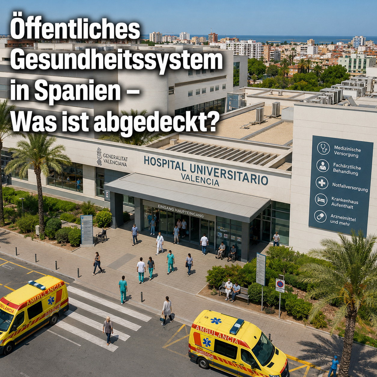 () overhead aerial view of a modern Spanish hospital entrance (Hospital Universitario) in Valencia with ambulances, patients