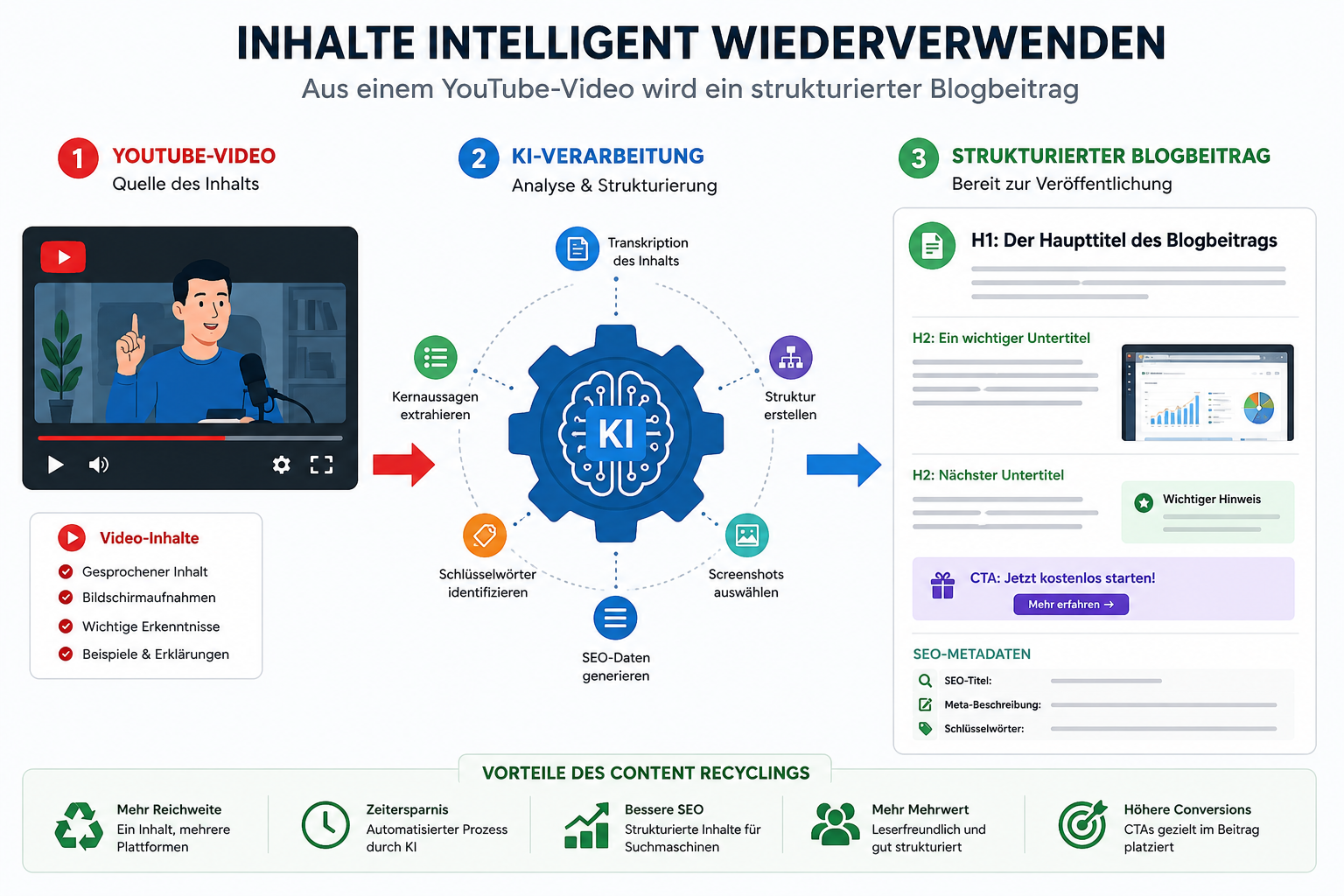 Infographic diagram showing content recycling workflow: YouTube video icon → AI processing gear → structured blog post with