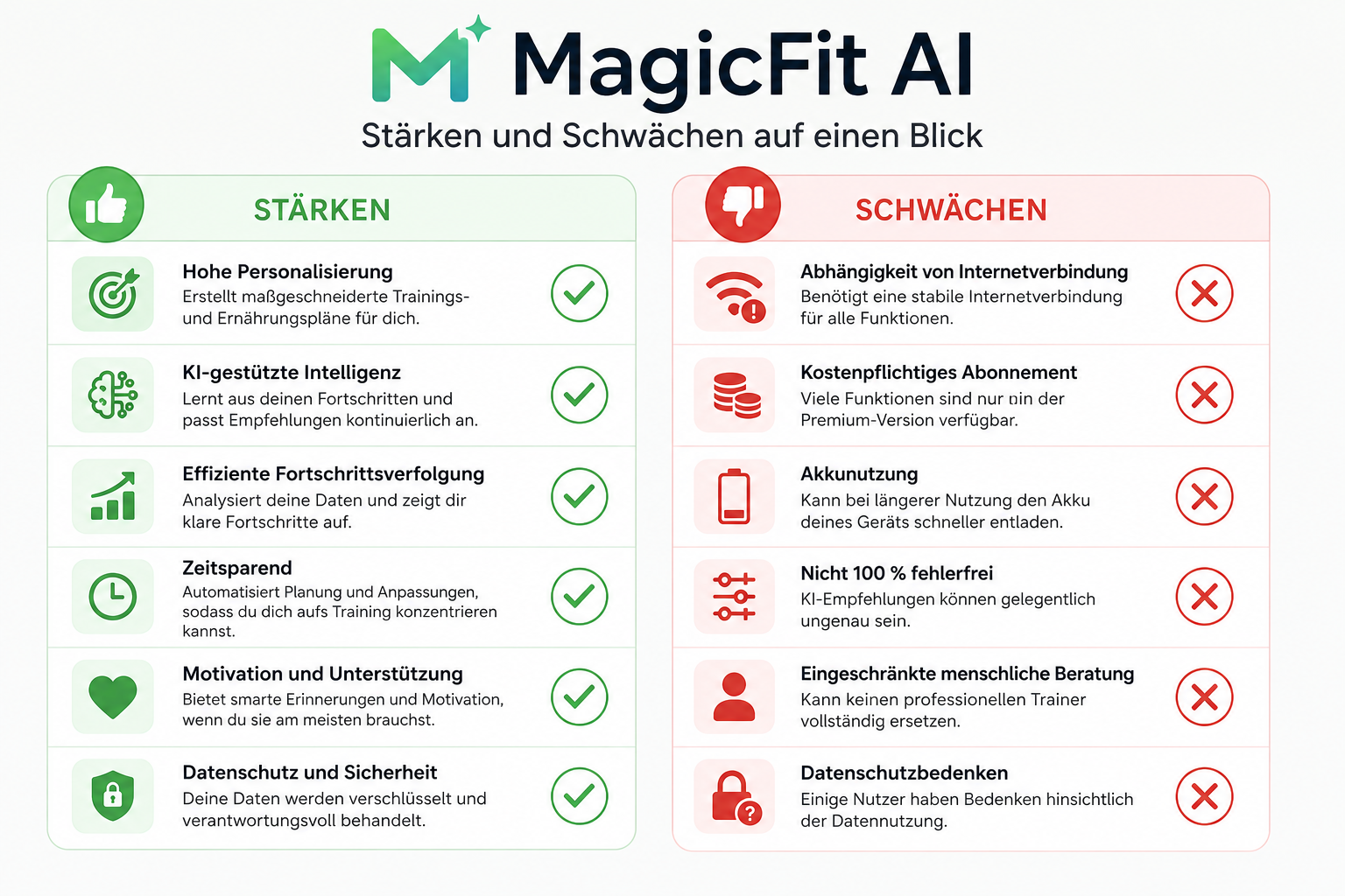 Visual pros and cons checklist infographic for MagicFit AI, two columns green checkmarks for strengths and red X marks for