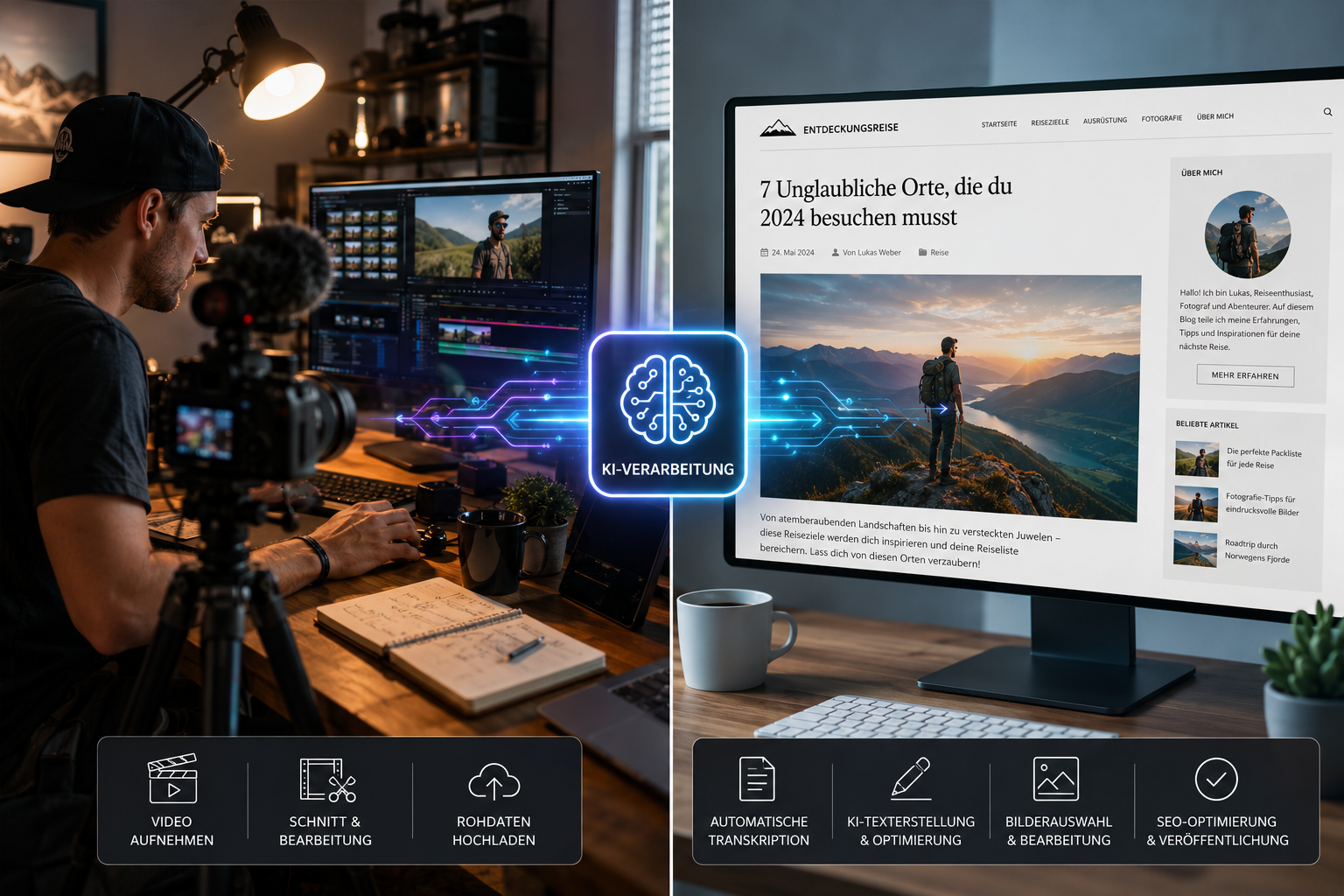 Split-screen visual comparison: left side shows a busy video creator at desk with camera setup, right side shows polished