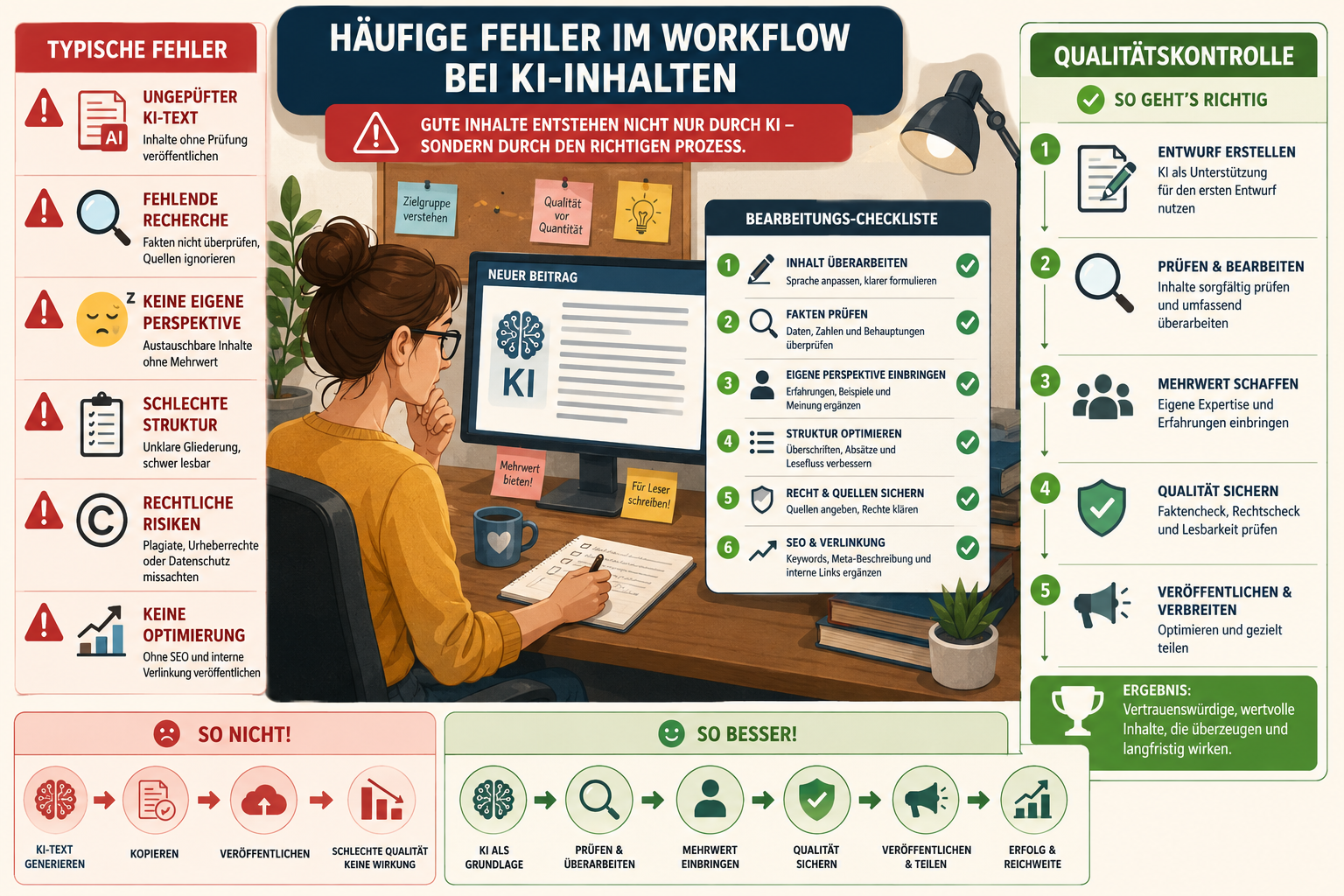 Visual diagram showing common AI content workflow mistakes: blogger at desk with warning icons, checklist showing editing