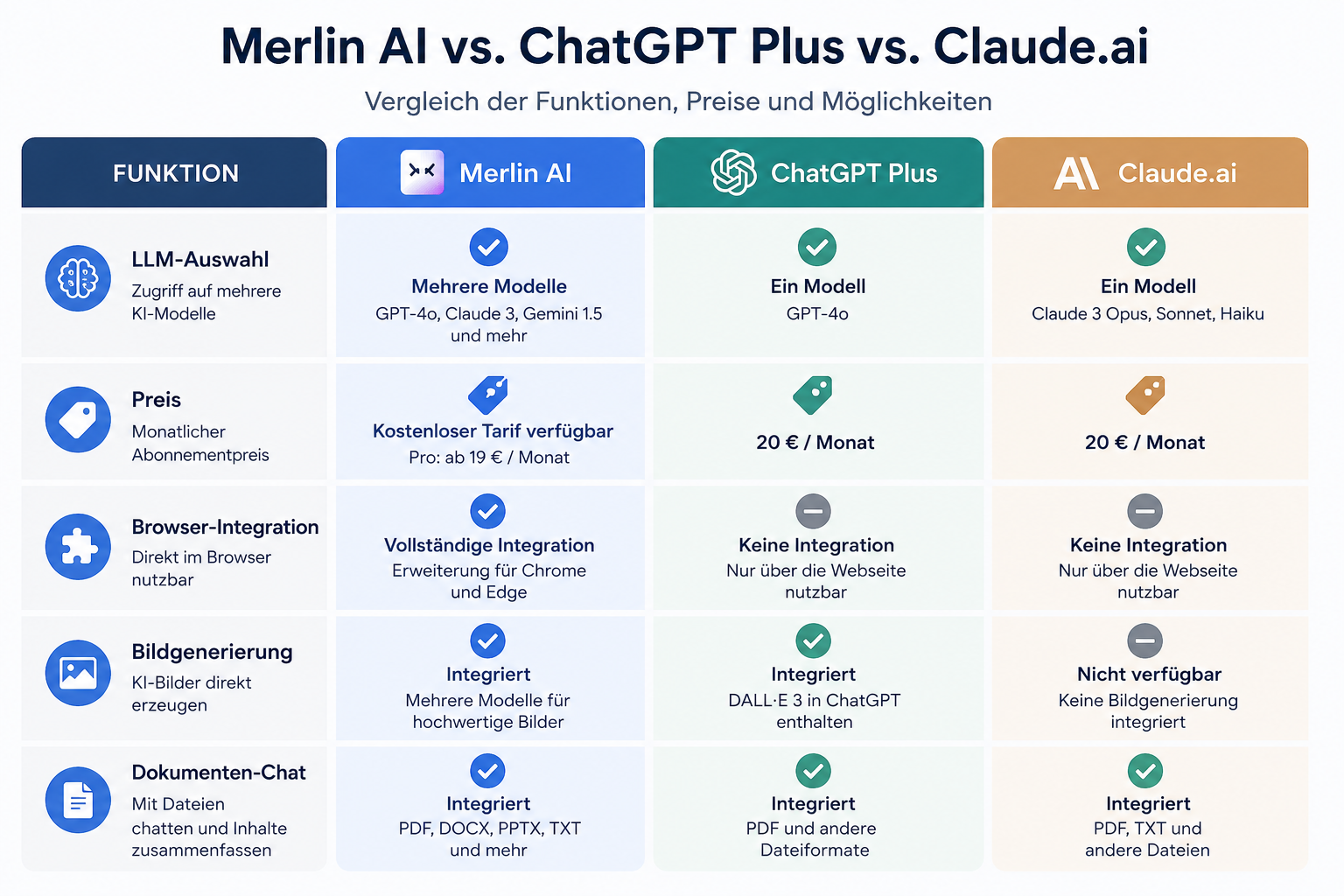 Comparison infographic: side-by-side feature table comparing Merlin AI vs ChatGPT Plus vs Claude.ai, showing LLM selection,