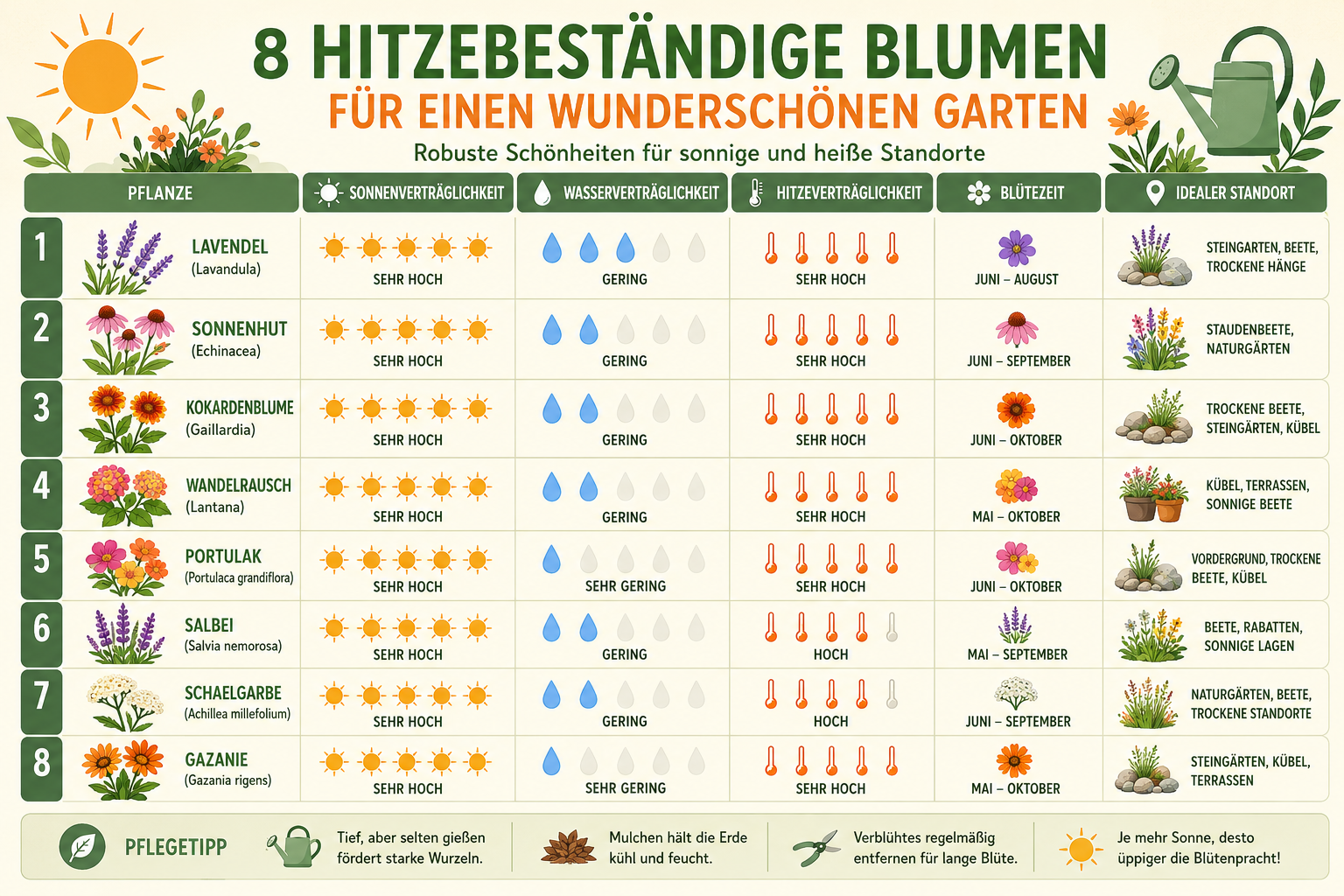 Infographic comparing top 8 heat-resistant flowers for gardens: icons of each plant, sun/water/temperature tolerance