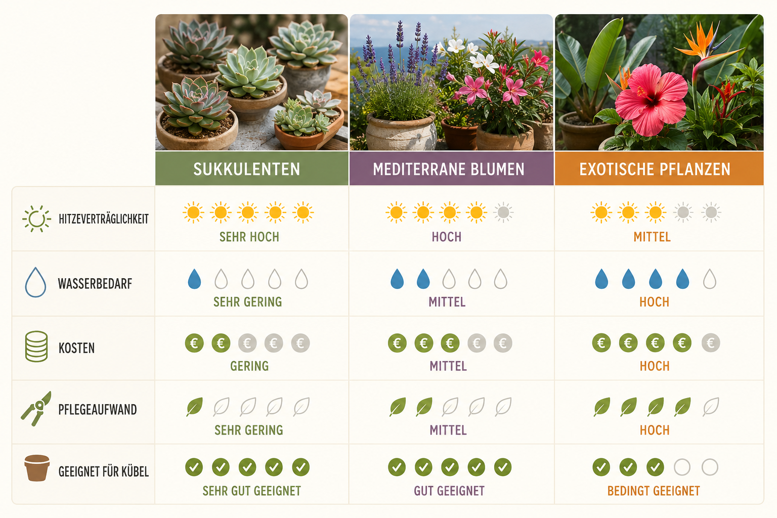 Side-by-side comparison chart: succulents vs. Mediterranean flowers vs. exotic species — columns for heat tolerance, water